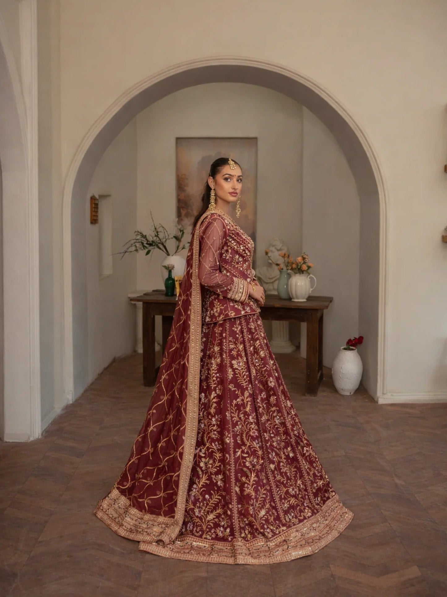 Maroon Manahil Arts Organza Embellished Stitched 3-Piece Lehnga-Luxury-001-Maroon
