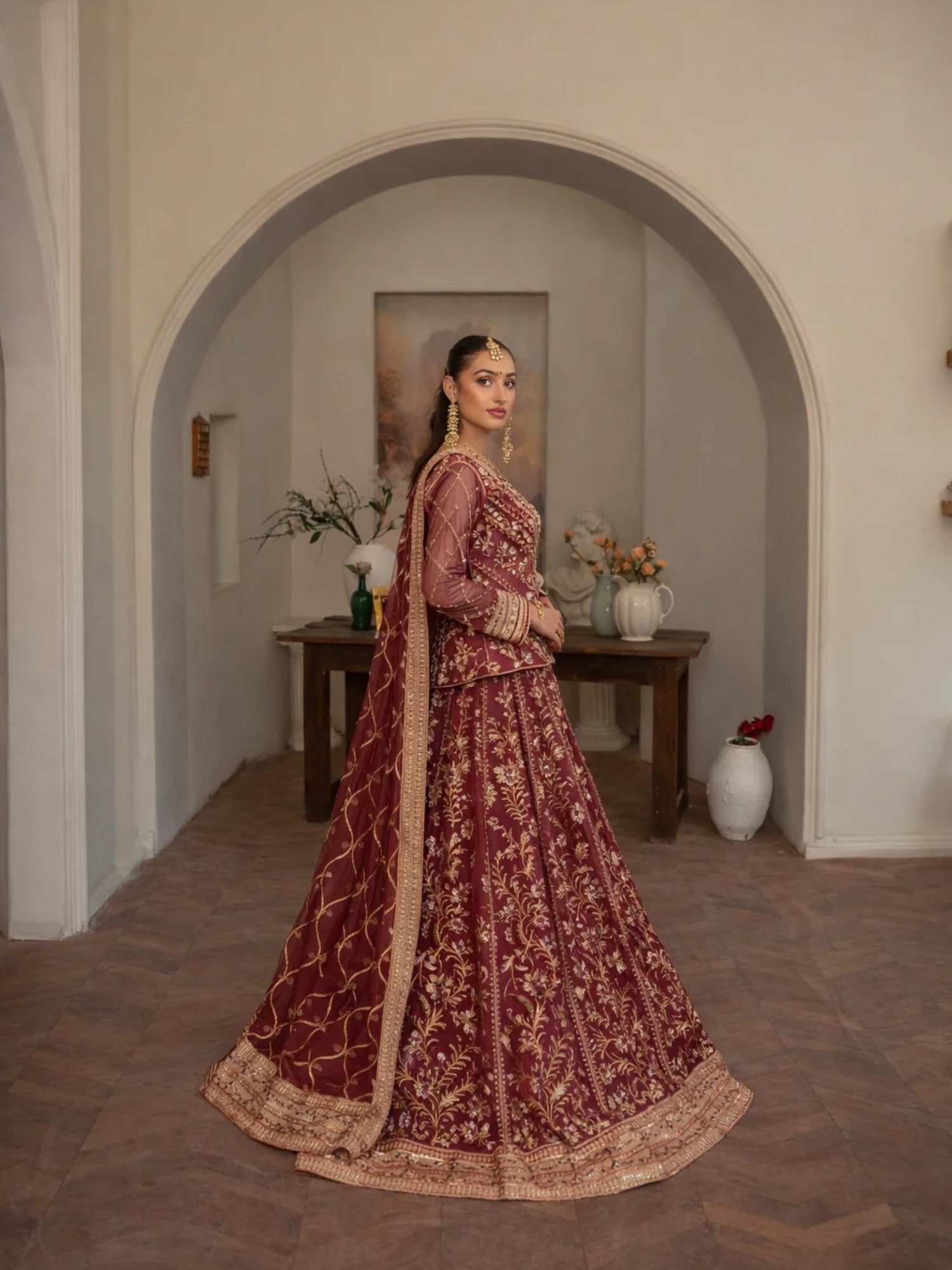 Maroon Manahil Arts Organza Embellished Stitched 3-Piece Lehnga-Luxury-001-Maroon