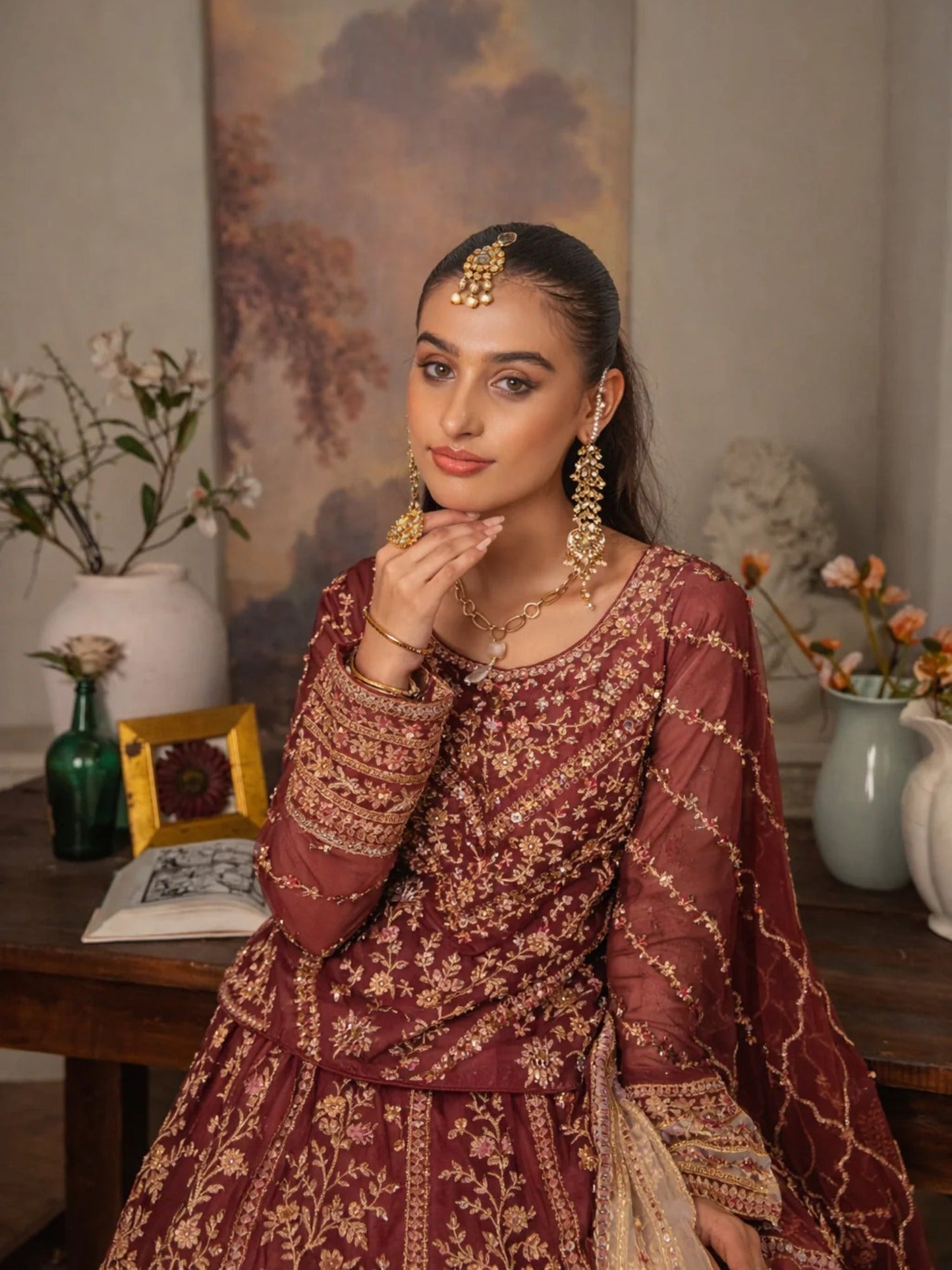 Maroon Manahil Arts Organza Embellished Stitched 3-Piece Lehnga-Luxury-001-Maroon