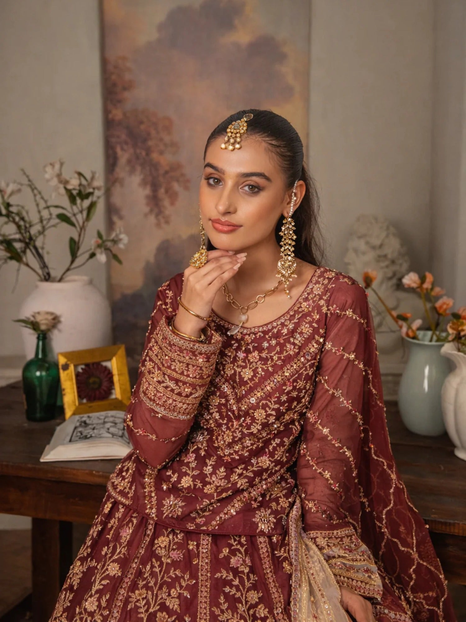 Maroon Manahil Arts Organza Embellished Stitched 3-Piece Lehnga-Luxury-001-Maroon