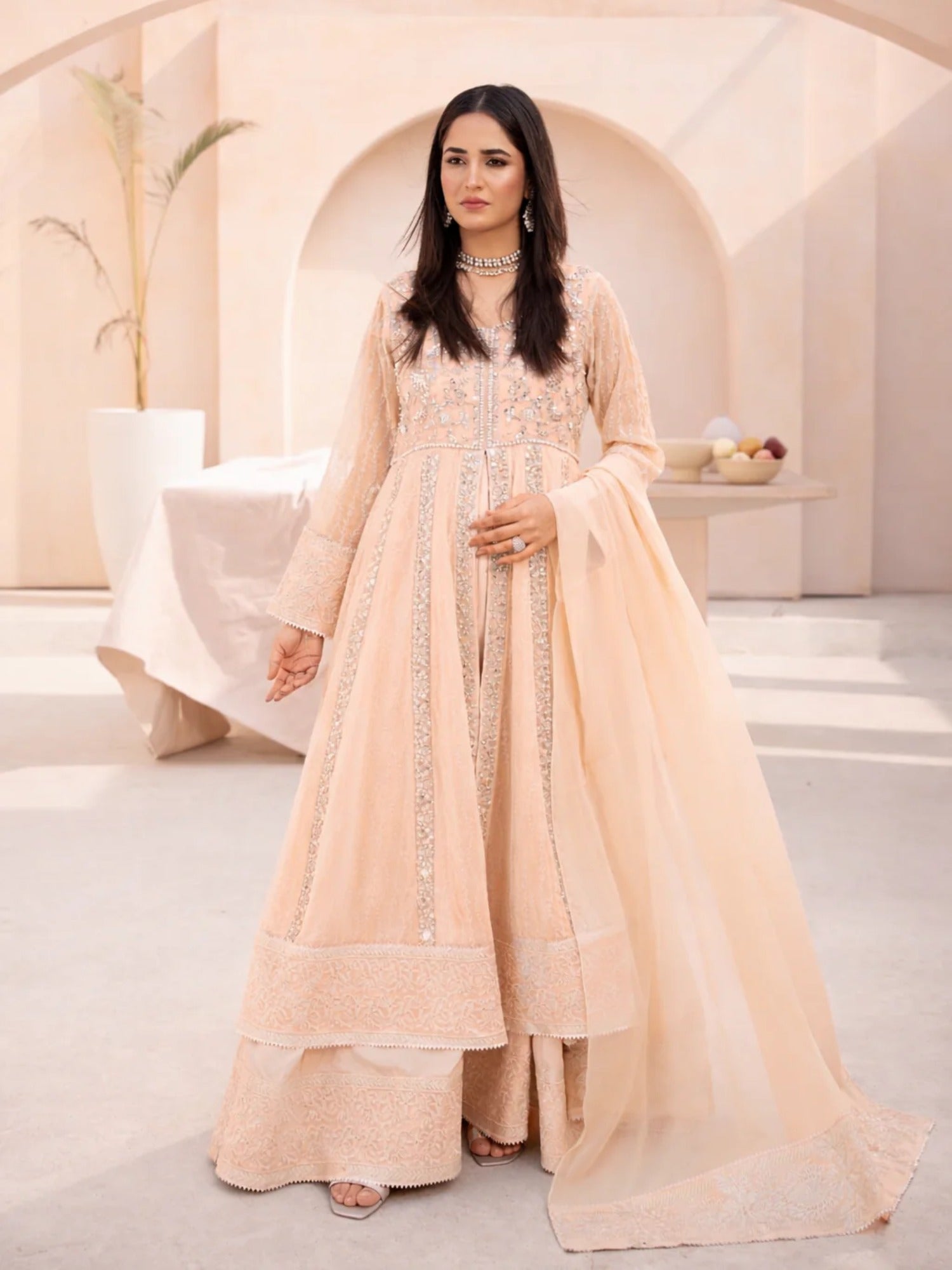 Peach Manahil Arts Chiffon Embellished Stitched 3-Piece Suit-L-025-Peach