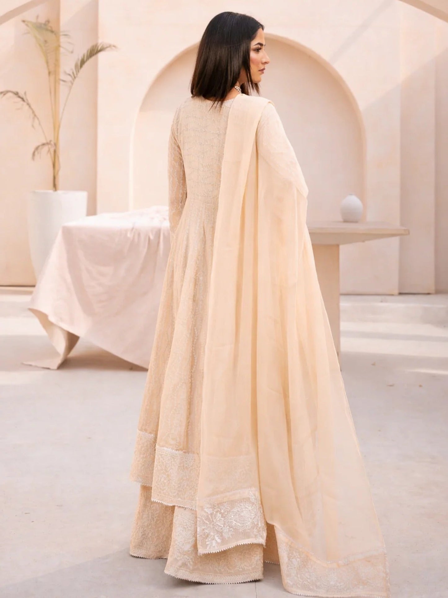 Peach Manahil Arts Chiffon Embellished Stitched 3-Piece Suit-L-025-Peach