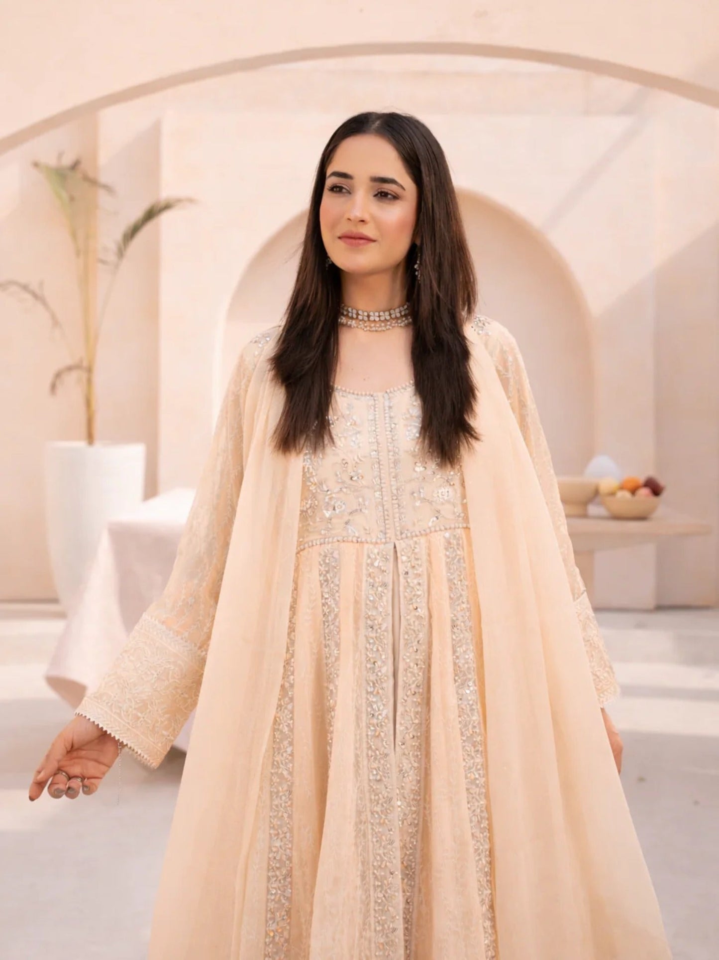 Peach Manahil Arts Chiffon Embellished Stitched 3-Piece Suit-L-025-Peach