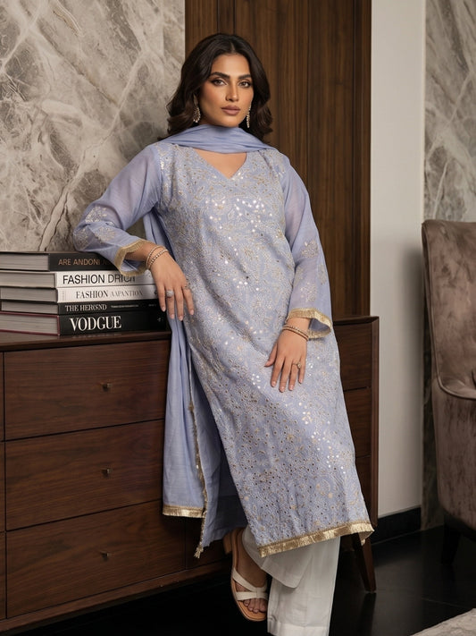 Savarna Khadi Lawn Embroidered Stitched 3-Piece Suit-Lilac