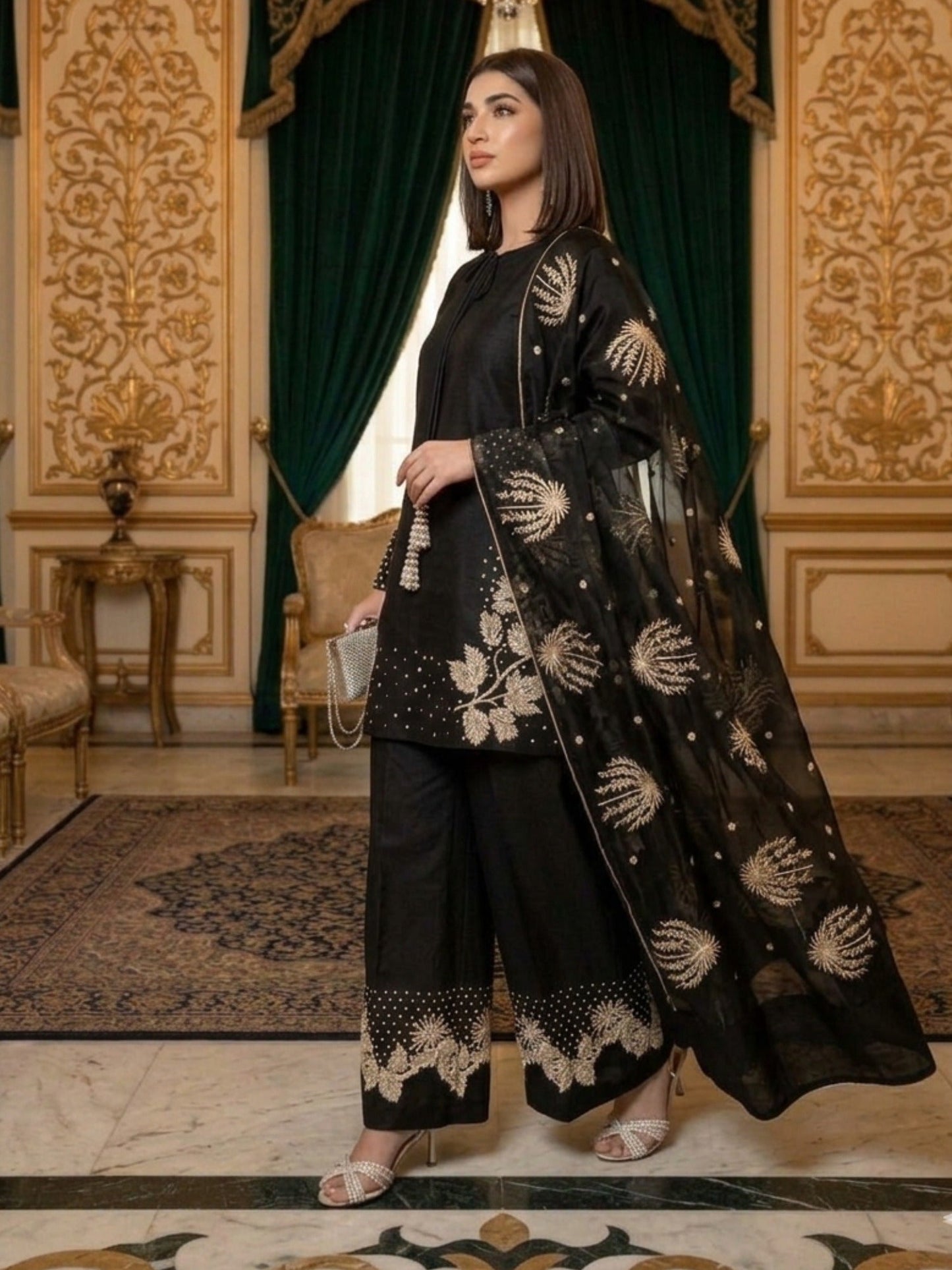 Black-Pyara Jora Lawn Embroidered Stitched 3-Piece Suit-Tehzeeb