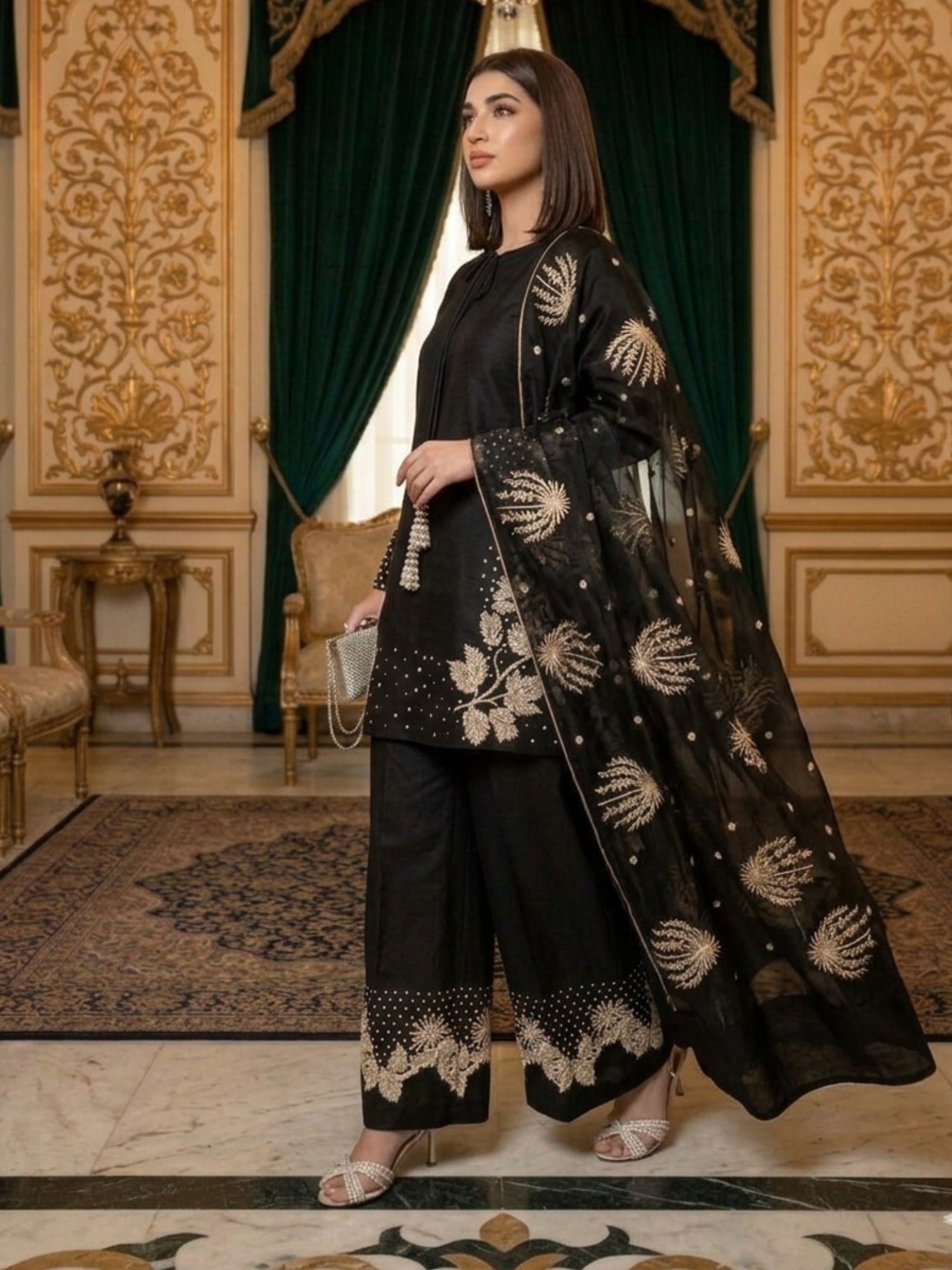 Black-Pyara Jora Lawn Embroidered Stitched 3-Piece Suit-Tehzeeb
