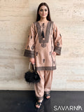 Savarna Cotton Embroidered Stitched 2-Piece Suit-Beige Black 46