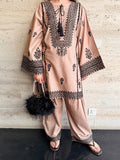 Savarna Cotton Embroidered Stitched 2-Piece Suit-Beige Black 46