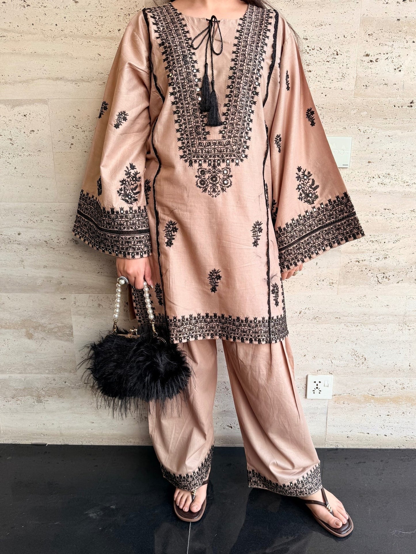 Savarna Cotton Embroidered Stitched 2-Piece Suit-Beige Black 46