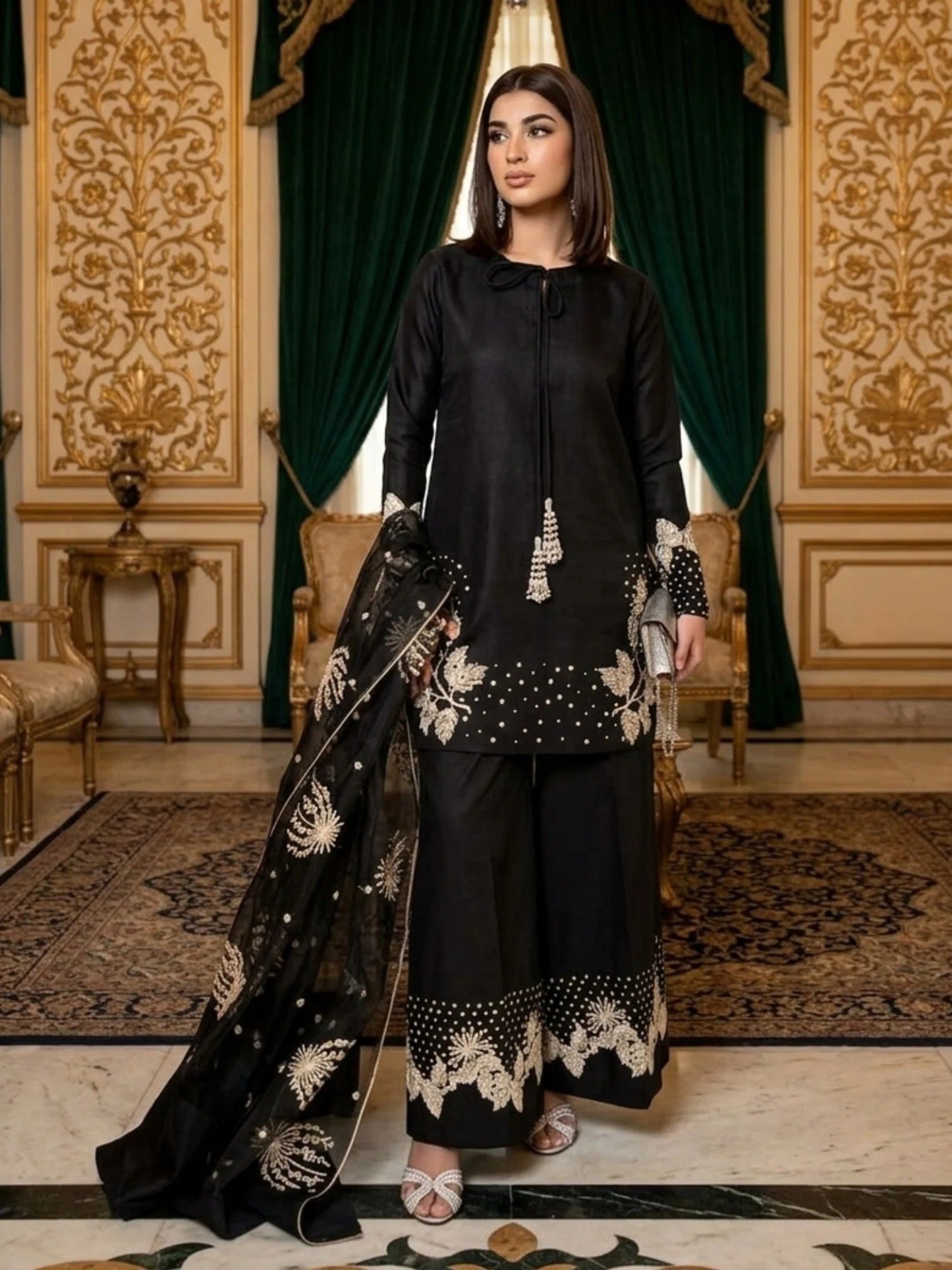 Black-Pyara Jora Lawn Embroidered Stitched 3-Piece Suit-Tehzeeb