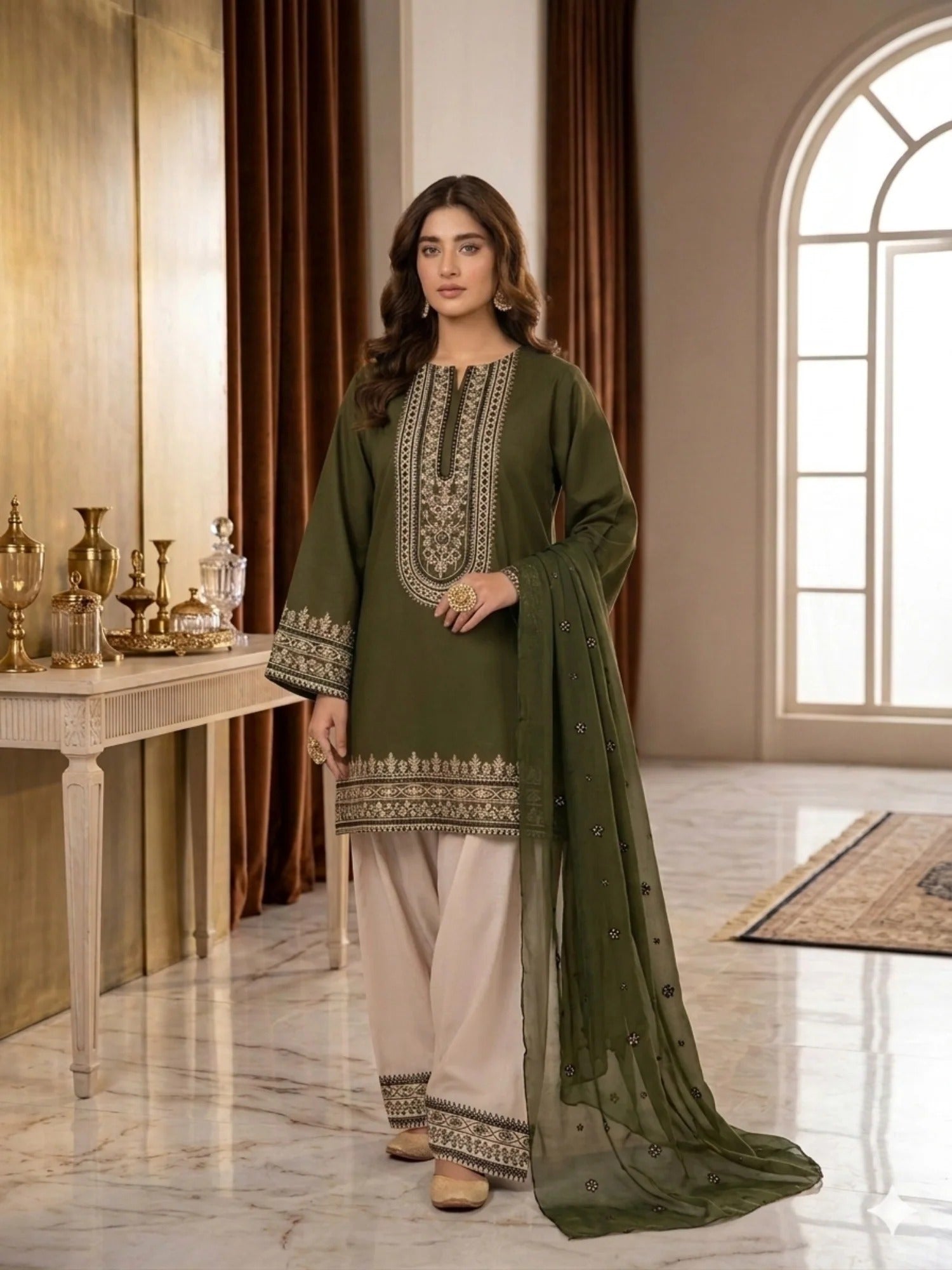 Green-Pyara Jora Lawn Embroidered Stitched 3-Piece Suit-Mehndi 