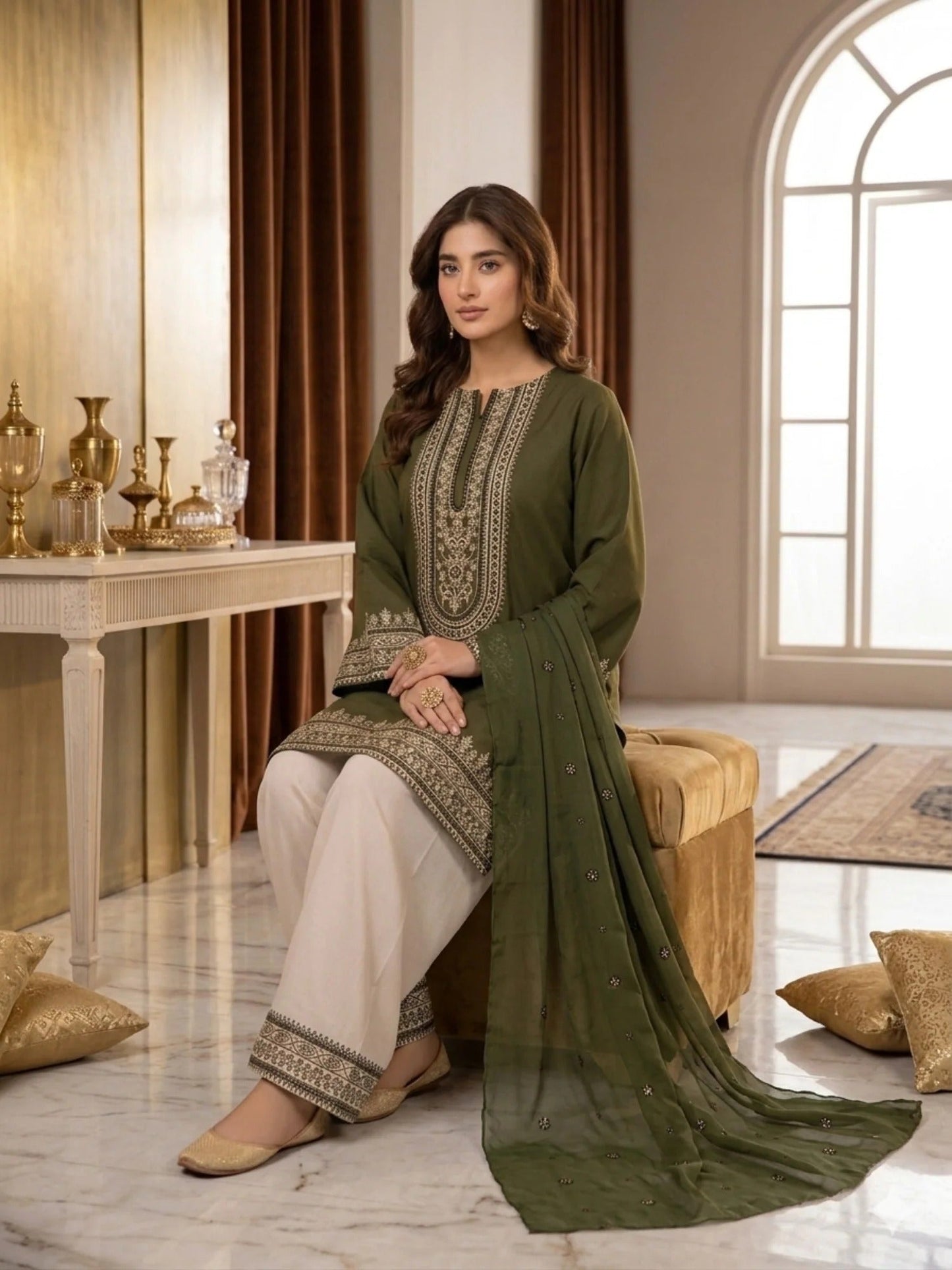 Green-Pyara Jora Lawn Embroidered Stitched 3-Piece Suit-Mehndi 