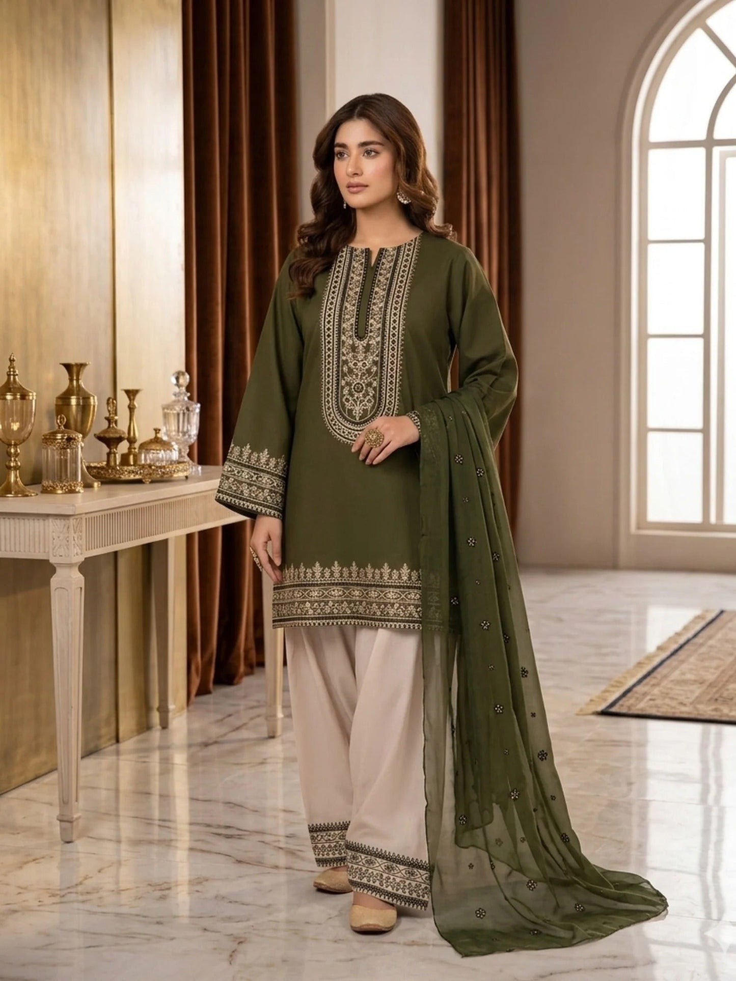 Green-Pyara Jora Lawn Embroidered Stitched 3-Piece Suit-Mehndi 