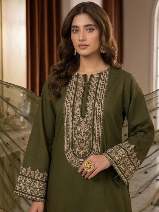 Green-Pyara Jora Lawn Embroidered Stitched 3-Piece Suit-Mehndi 