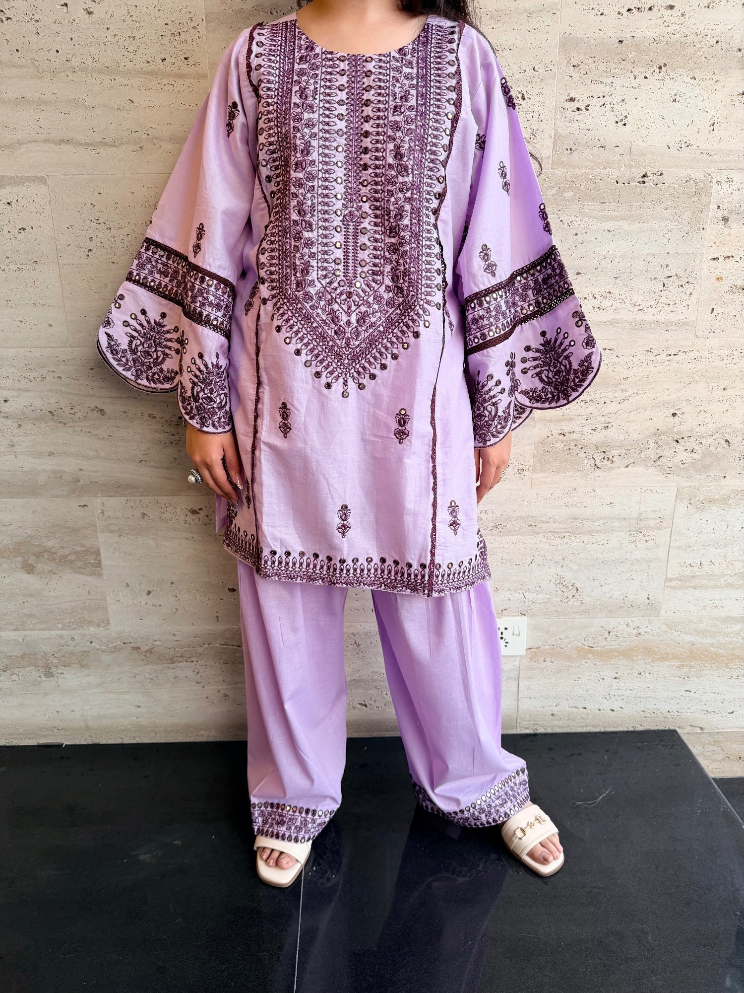 Savarna Cotton Embroidered Stitched 2-Piece Suit-Lilac Purple 47