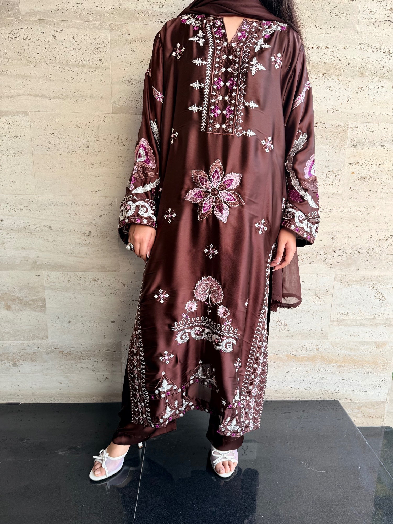 Savarna Silk Embroidered Stitched 3-Piece Suit-Chocolate Brown 48