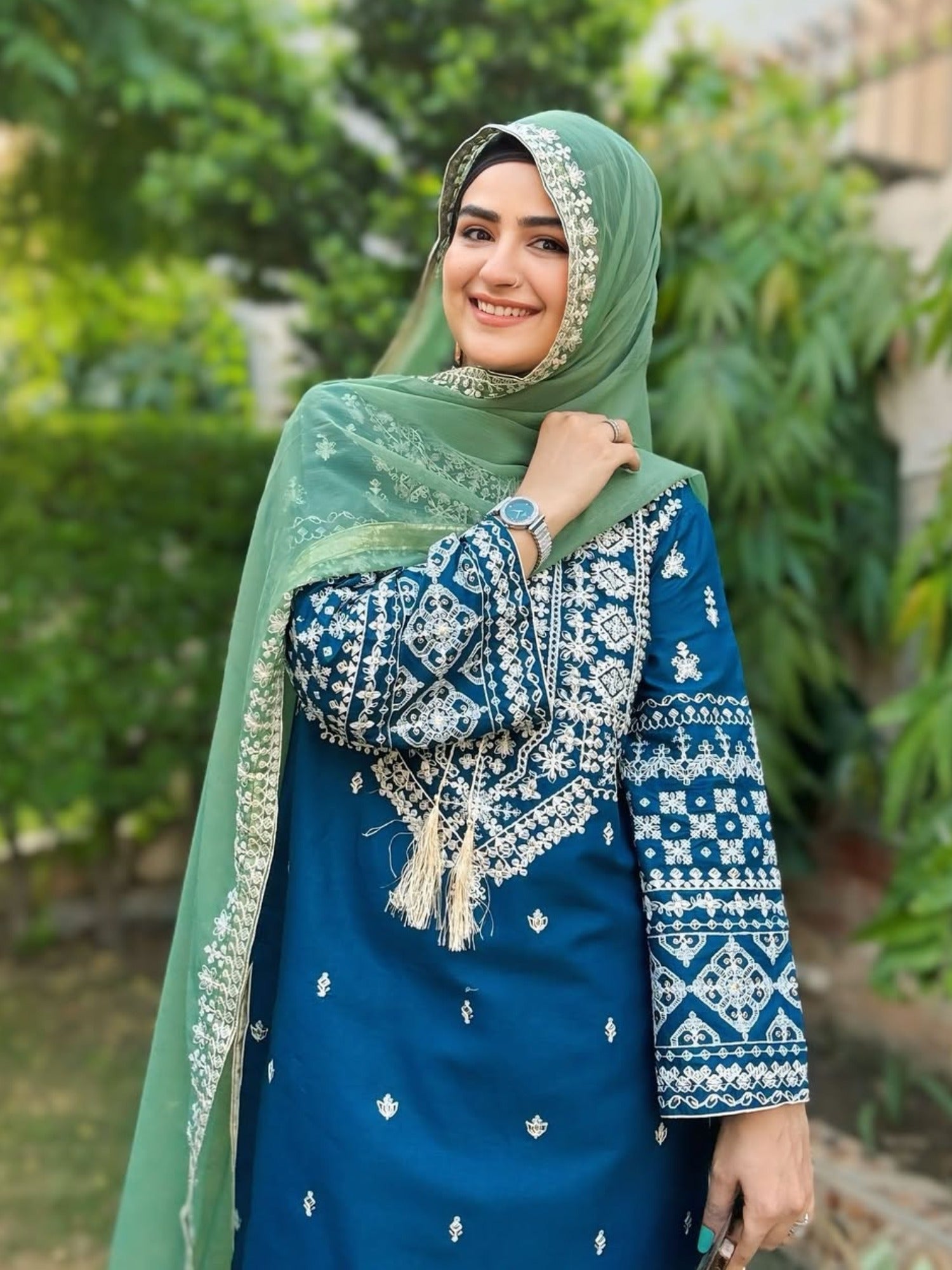 Green and Blue-Pyara Jora Lawn Embroidered Stitched 3-Piece Suit-Arfa