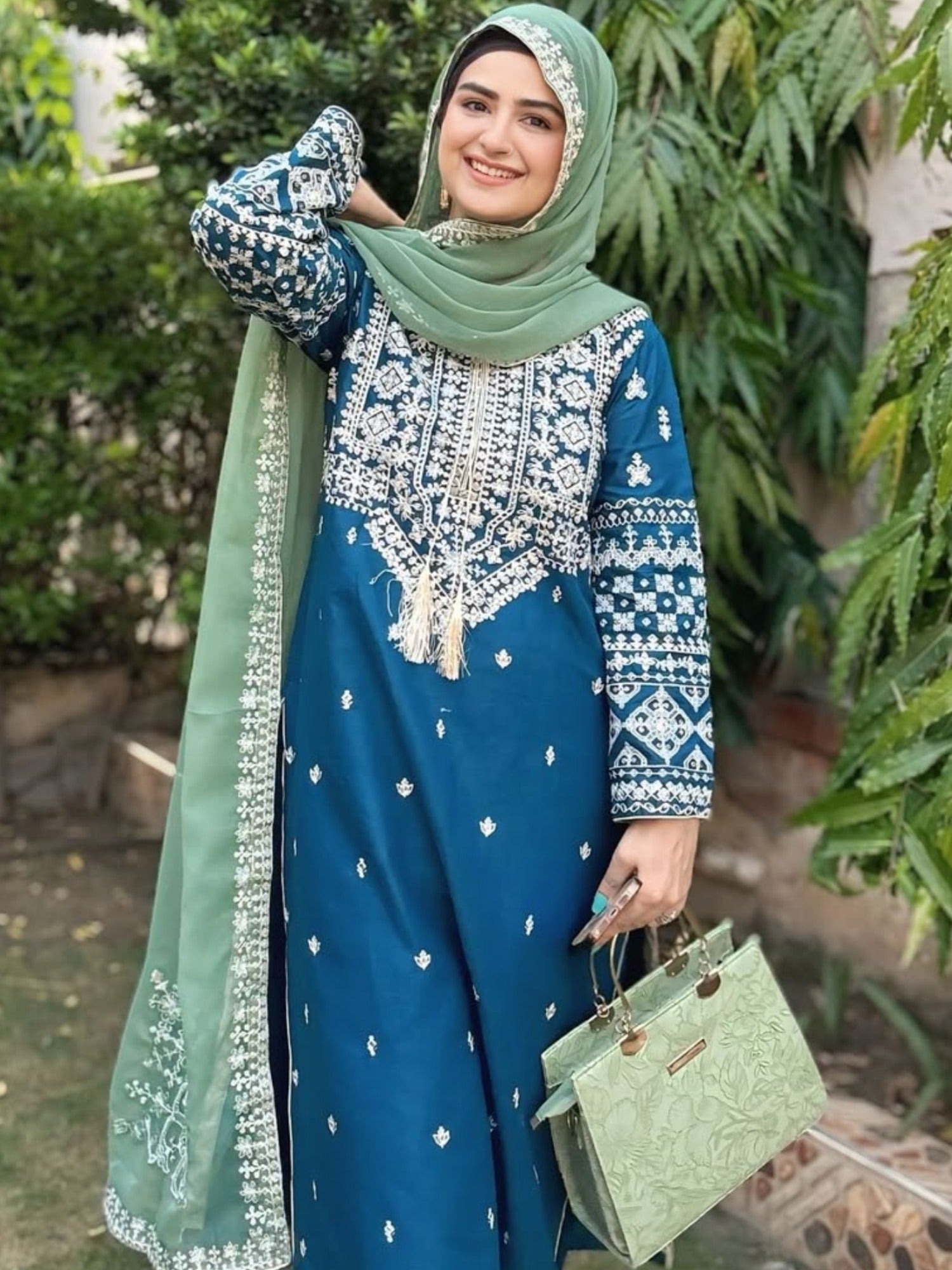 Green and Blue-Pyara Jora Lawn Embroidered Stitched 3-Piece Suit-Arfa