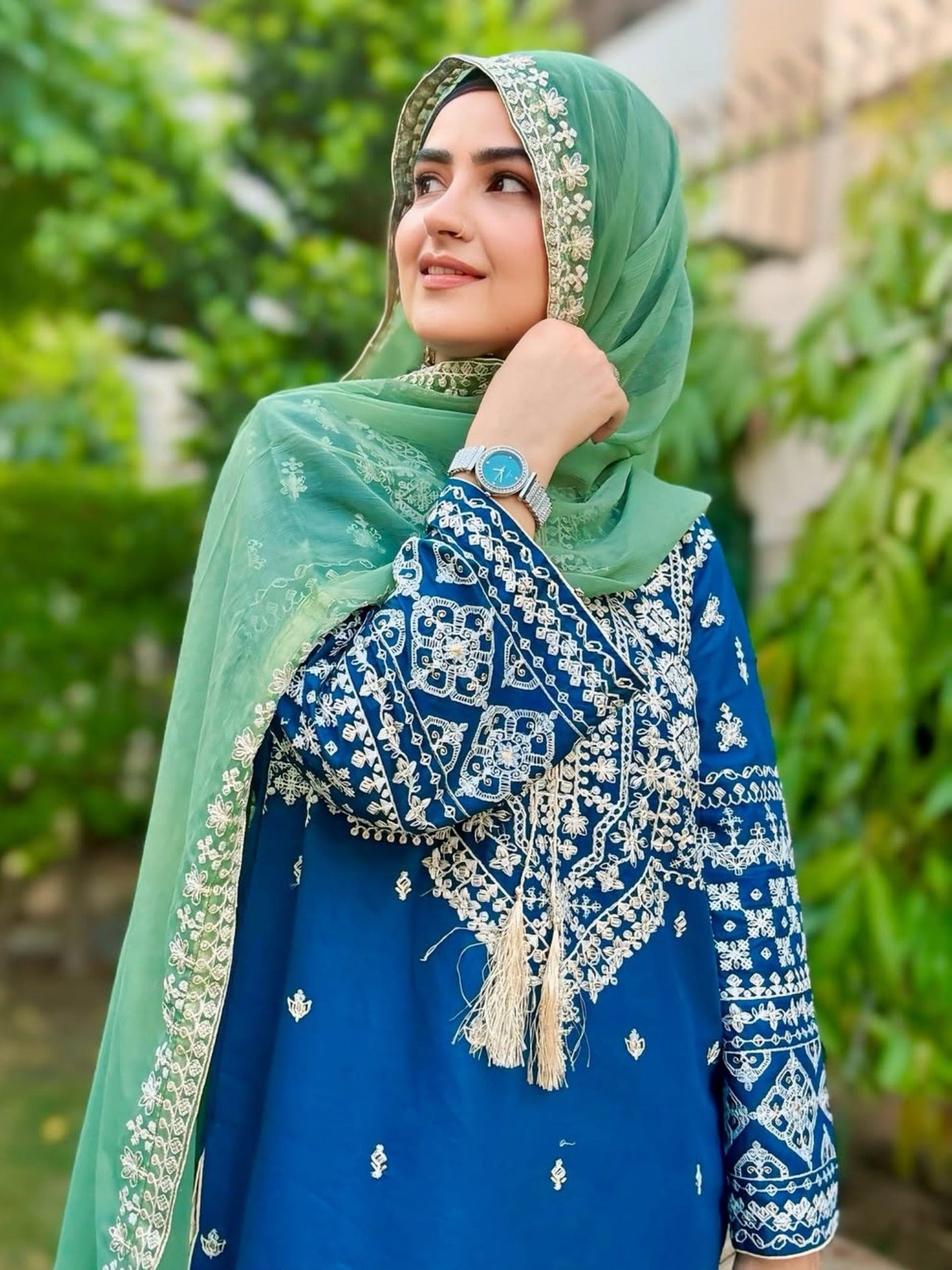 Green and Blue-Pyara Jora Lawn Embroidered Stitched 3-Piece Suit-Arfa