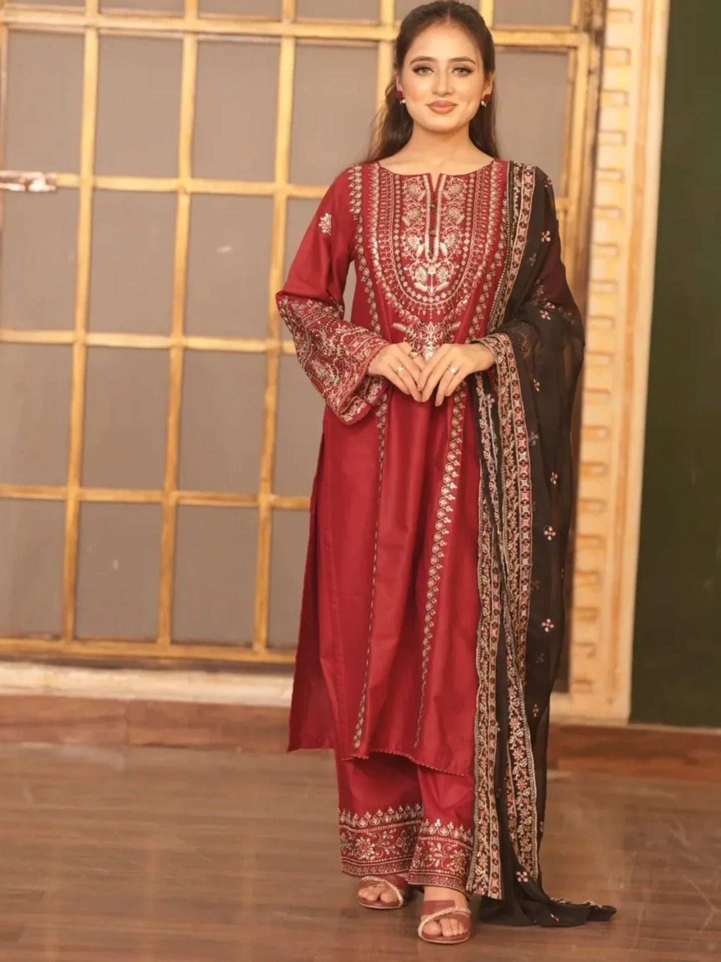 Maroon-Pyara Jora Lawn Embroidered Stitched 3-Piece Suit-Zarnab