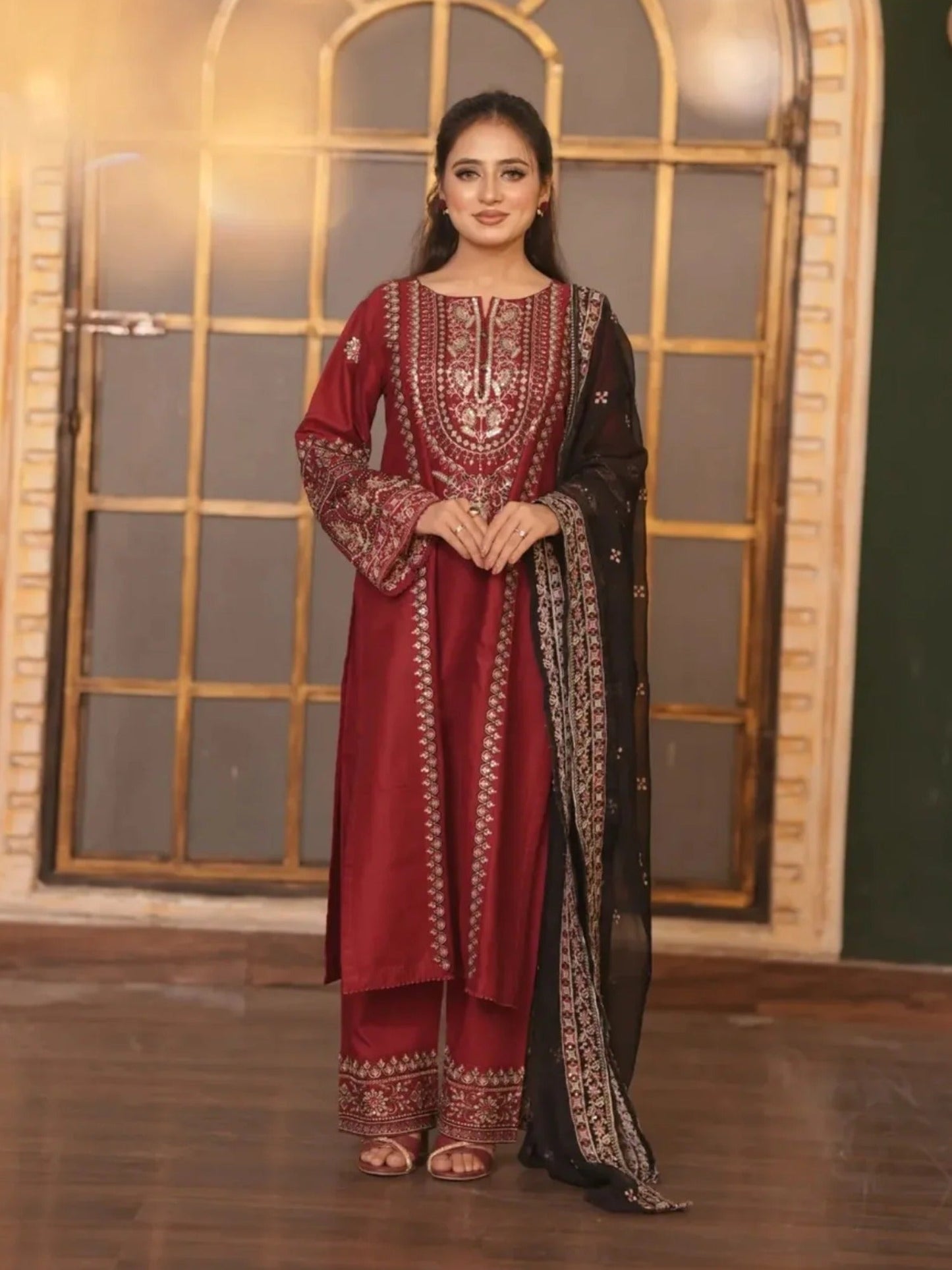 Maroon-Pyara Jora Lawn Embroidered Stitched 3-Piece Suit-Zarnab