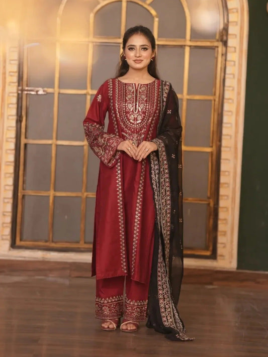 Maroon-Pyara Jora Lawn Embroidered Stitched 3-Piece Suit-Zarnab