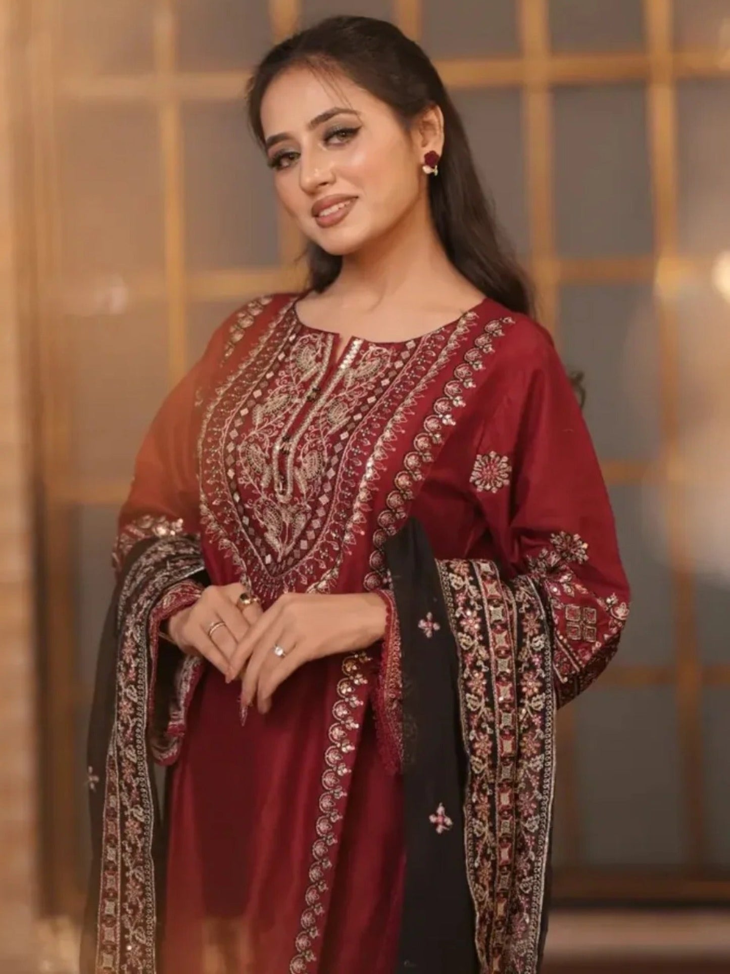 Maroon-Pyara Jora Lawn Embroidered Stitched 3-Piece Suit-Zarnab