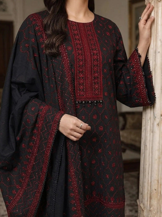Black and red-Pyara Jora Lawn Embroidered Stitched 3-Piece Suit-Black Rose