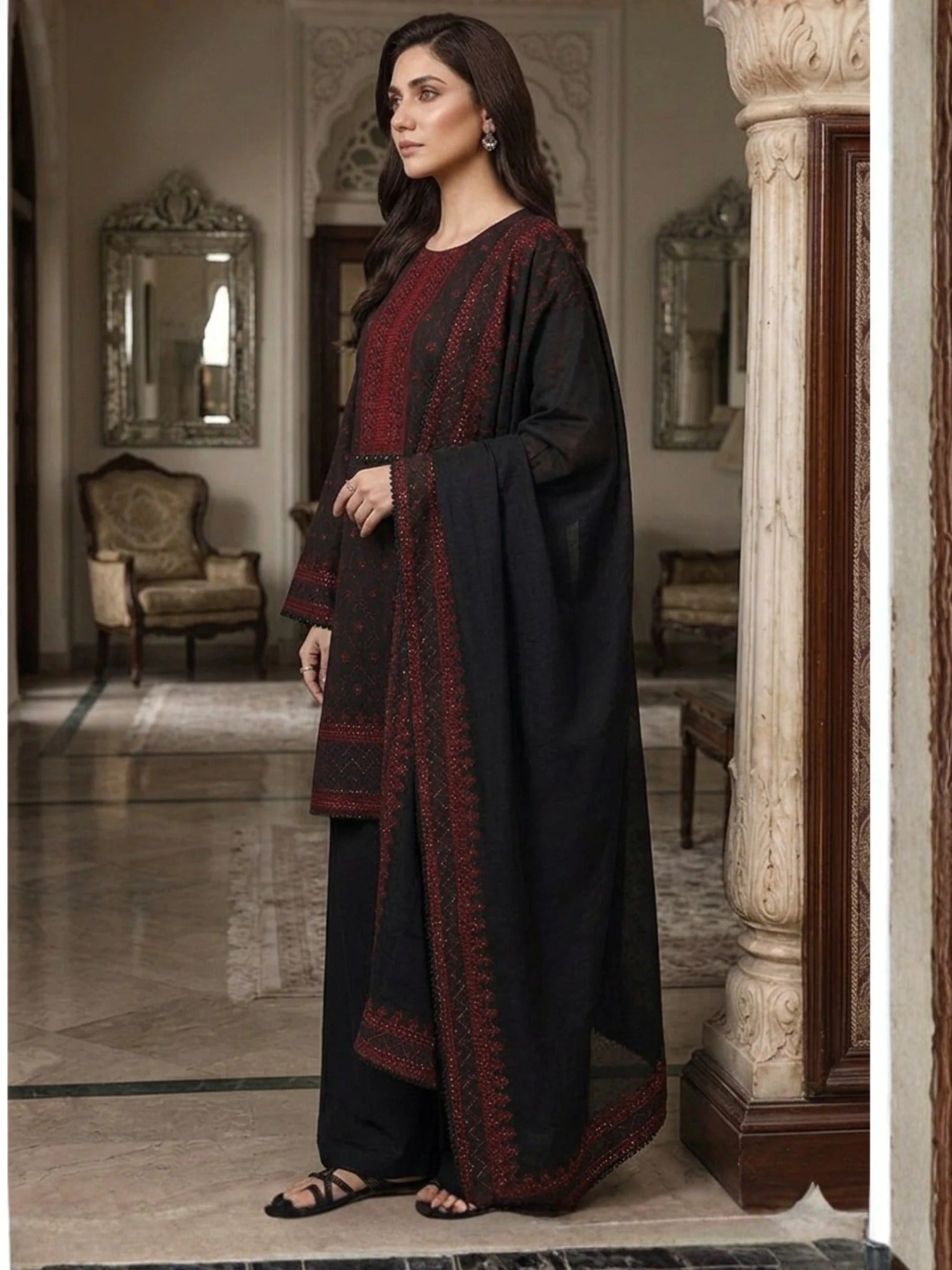 Black and red-Pyara Jora Lawn Embroidered Stitched 3-Piece Suit-Black Rose