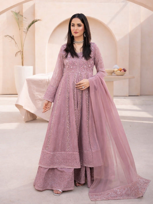 Pink-Manahil Arts Chiffon Embellished Maxi-L-025-Mauve Pink