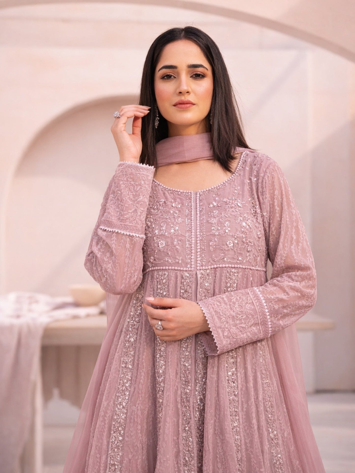Pink-Manahil Arts Chiffon Embellished Maxi-L-025-Mauve Pink