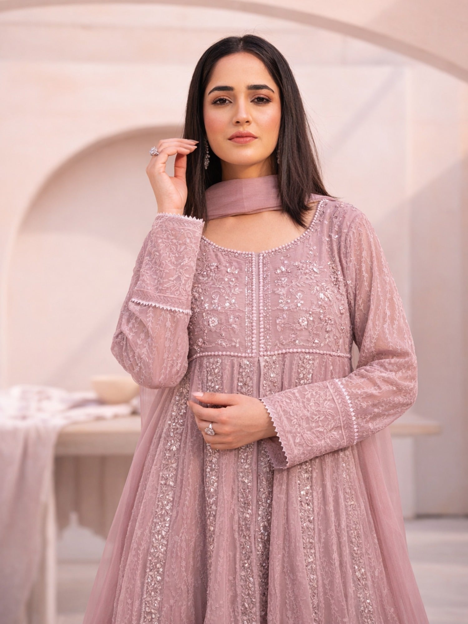 Pink-Manahil Arts Chiffon Embellished Maxi-L-025-Mauve Pink