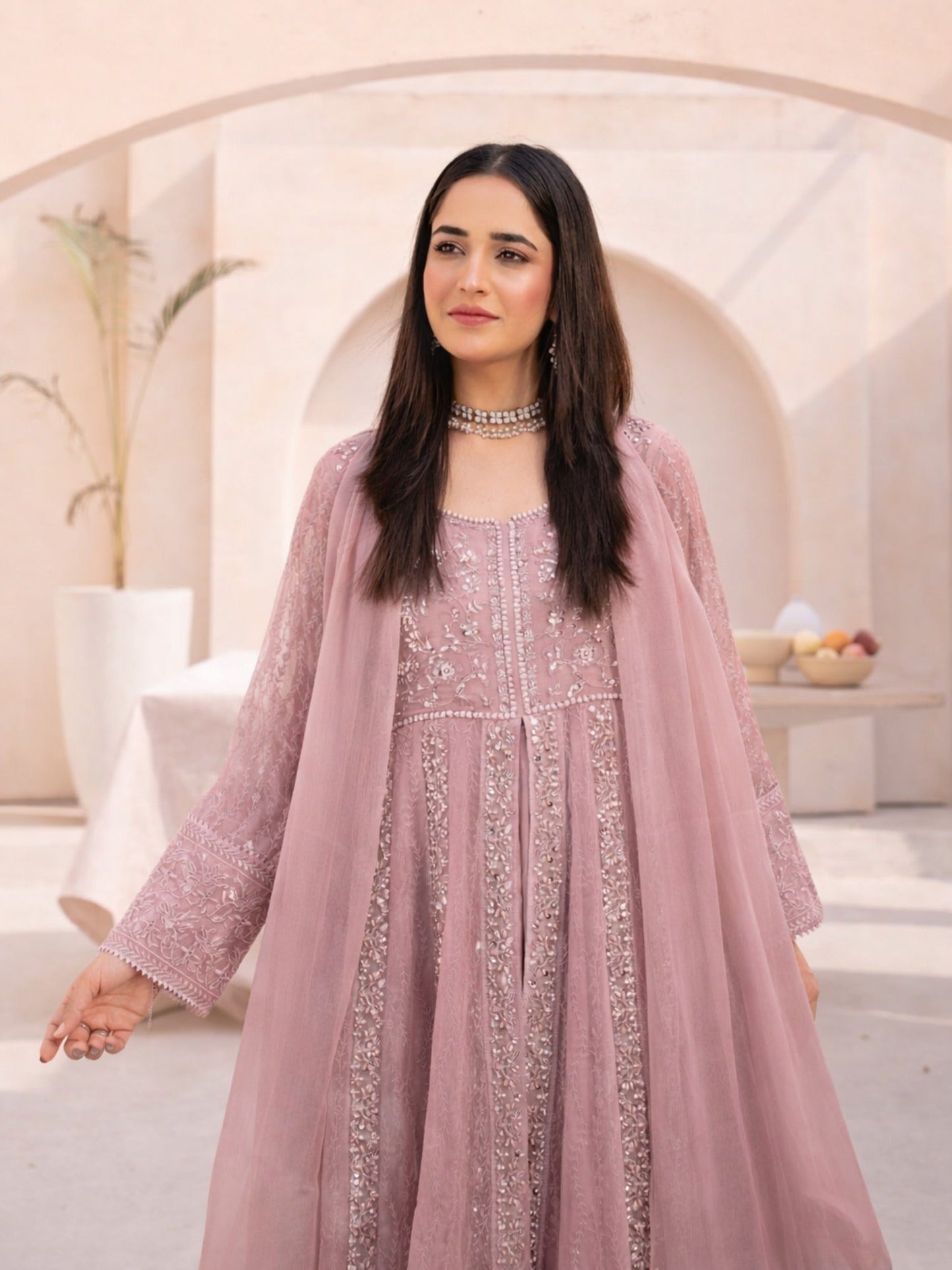 Pink-Manahil Arts Chiffon Embellished Maxi-L-025-Mauve Pink