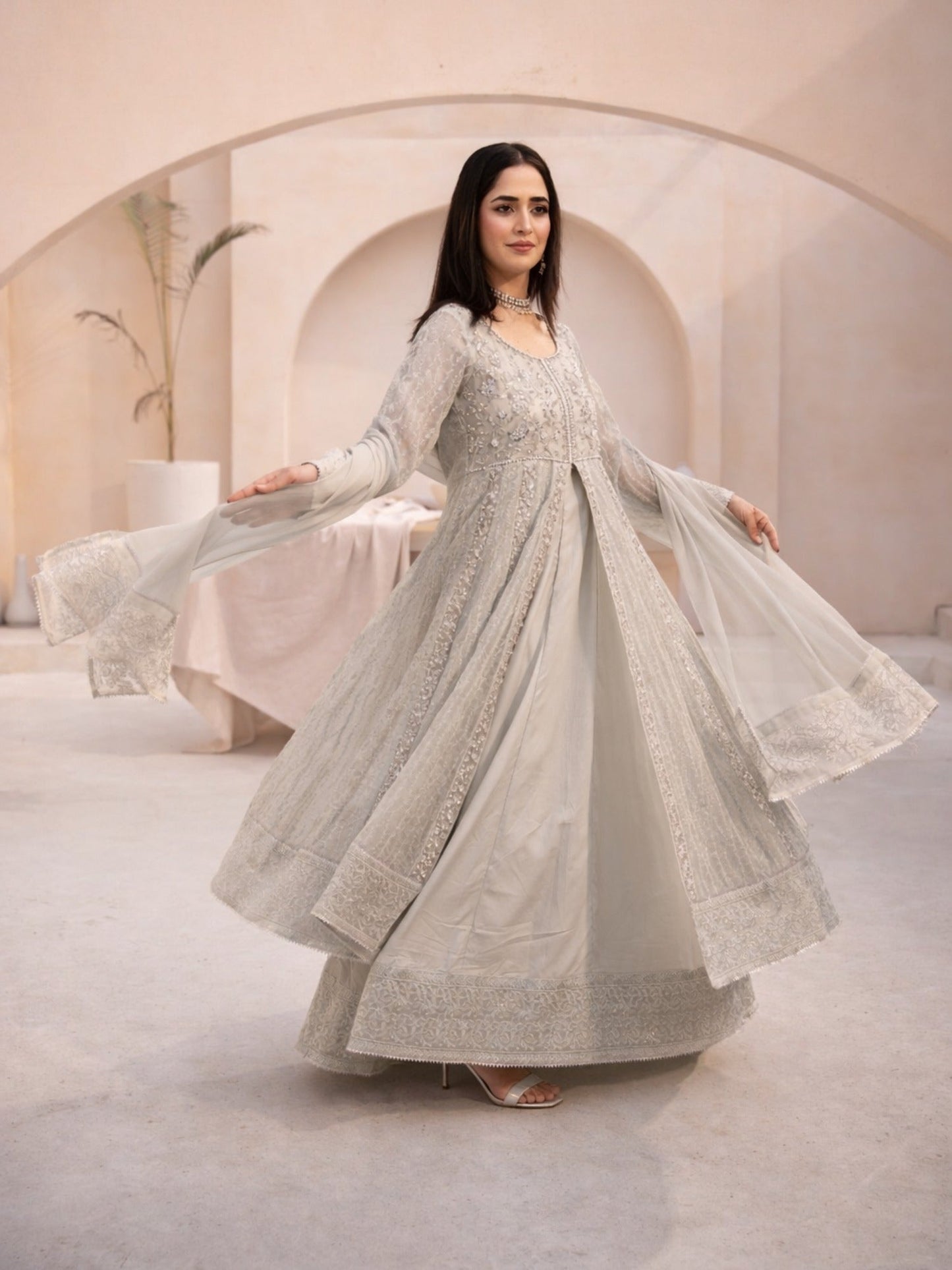 Beige-Manahil Arts Chiffon Embellished Maxi-L-025-Camel