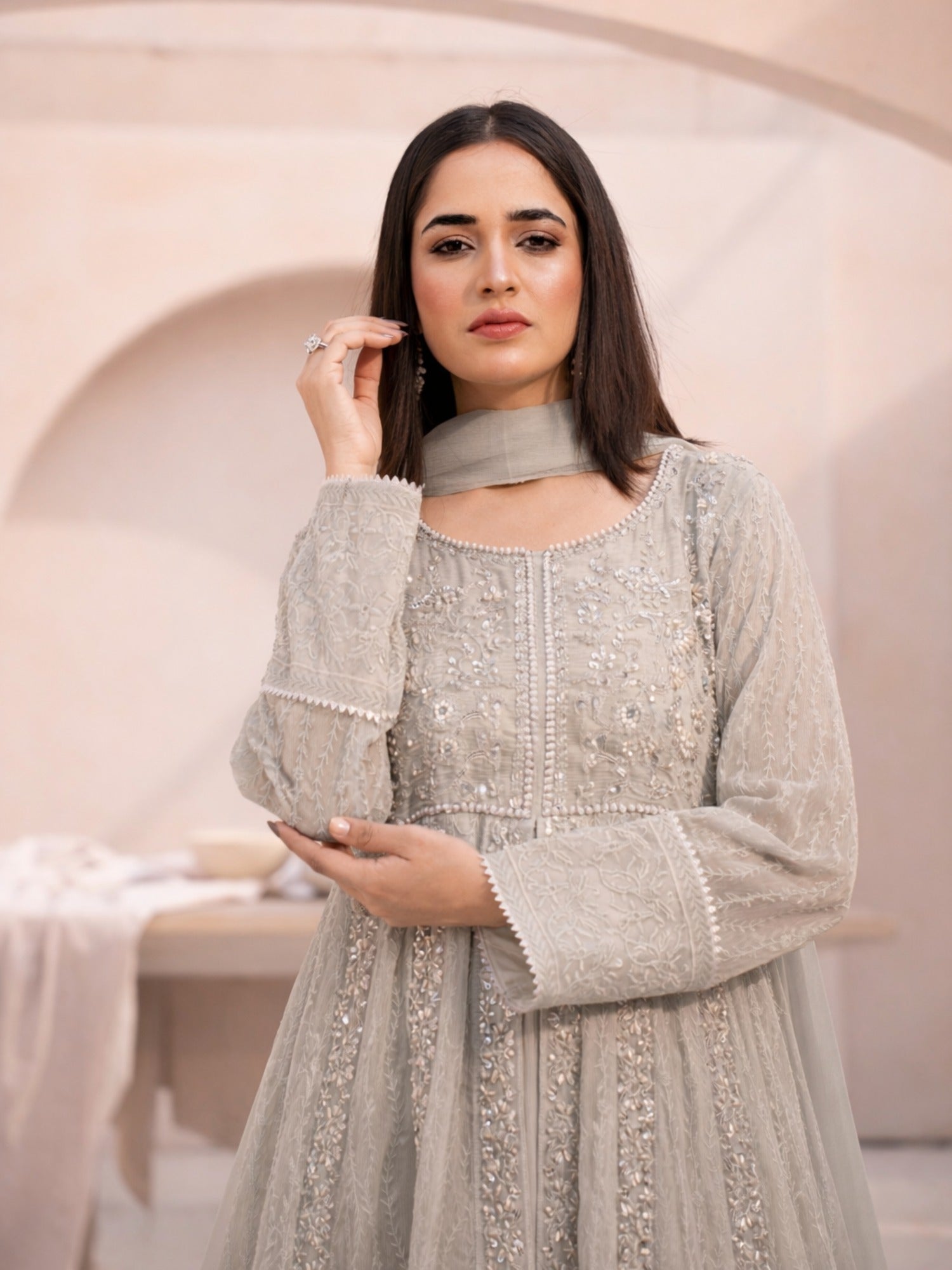 Beige-Manahil Arts Chiffon Embellished Maxi-L-025-Camel