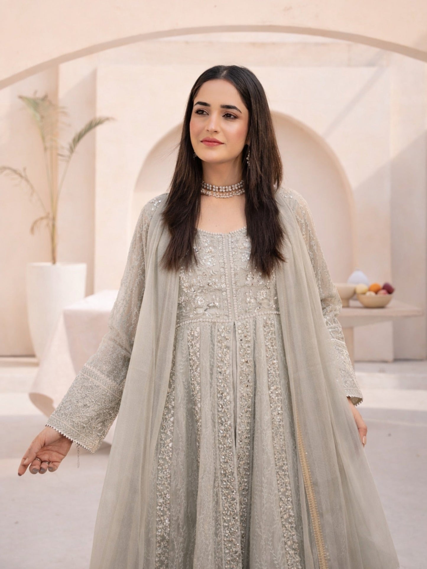Beige-Manahil Arts Chiffon Embellished Maxi-L-025-Camel