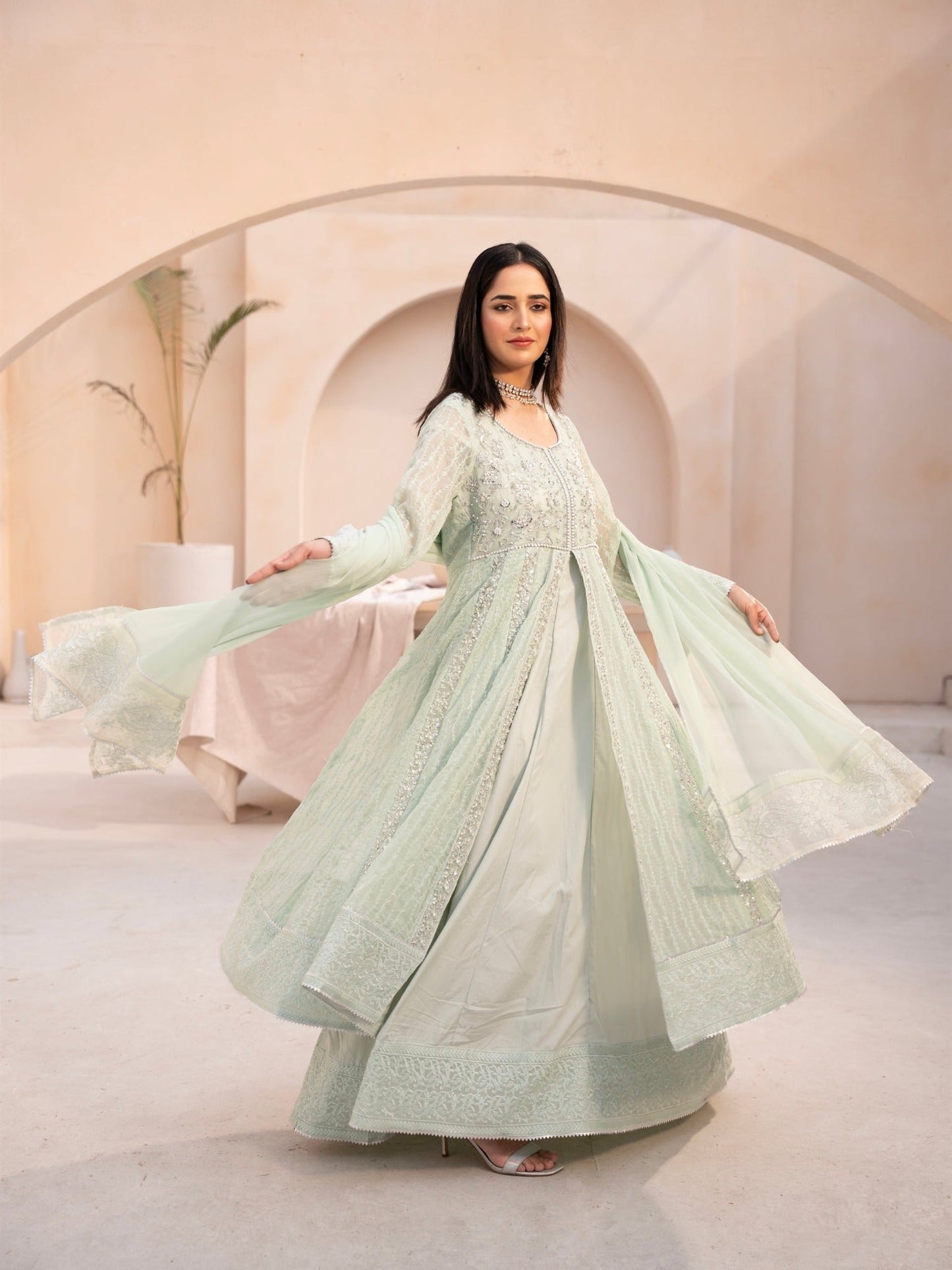 Aqua Green-Manahil Arts Chiffon Embellished Maxi-L-025-Aqua