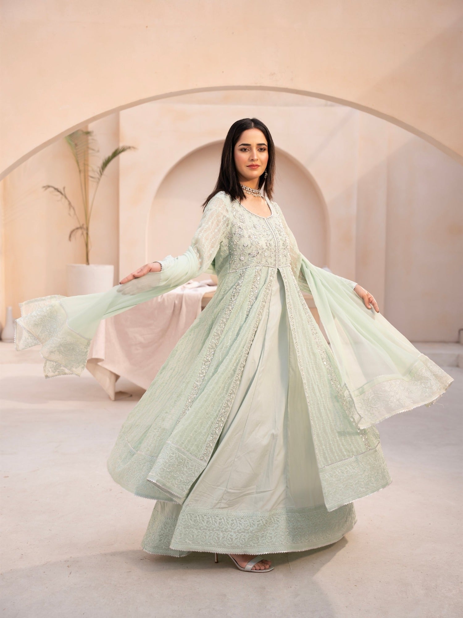 Aqua Green-Manahil Arts Chiffon Embellished Maxi-L-025-Aqua