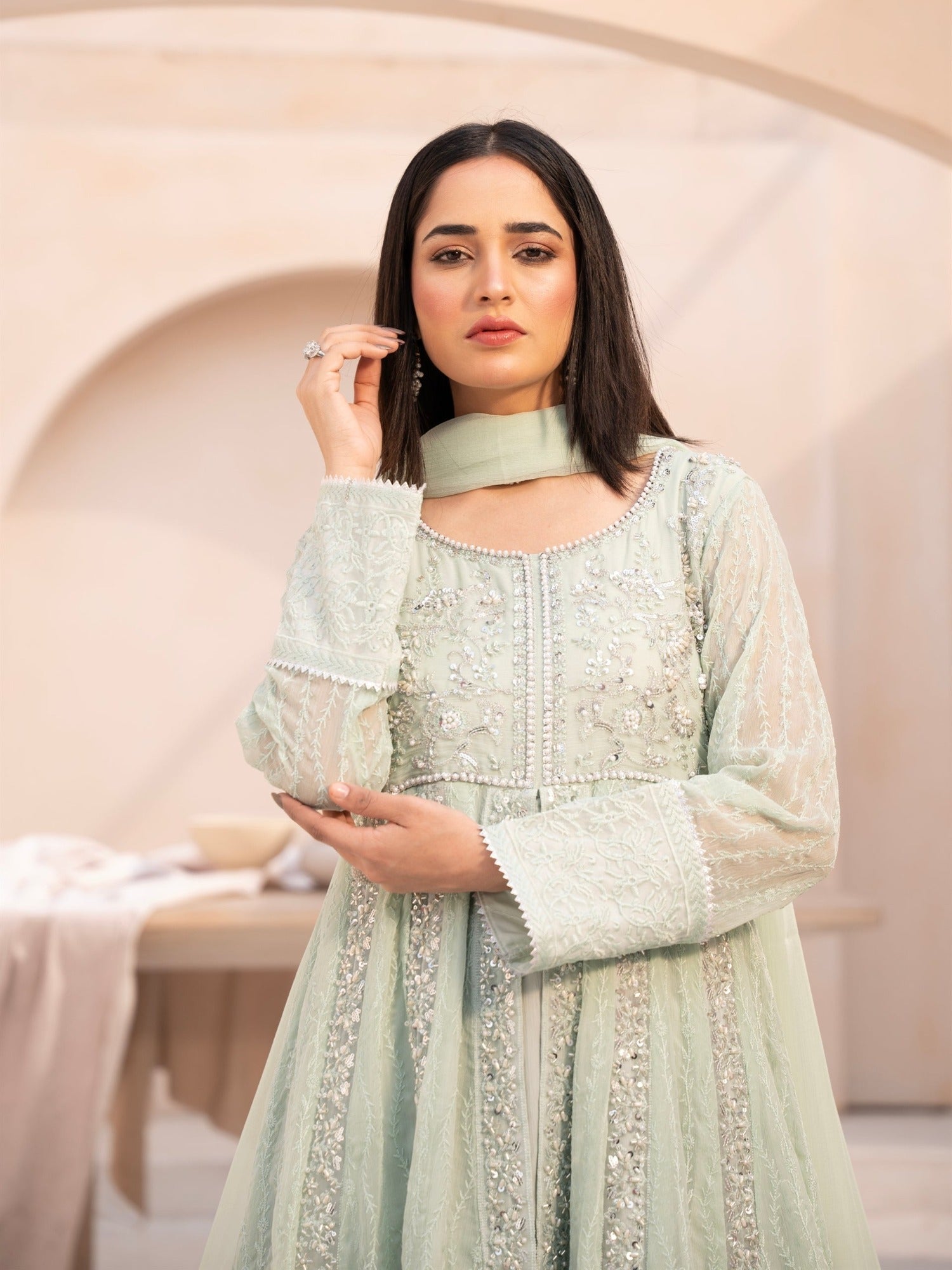 Aqua Green-Manahil Arts Chiffon Embellished Maxi-L-025-Aqua