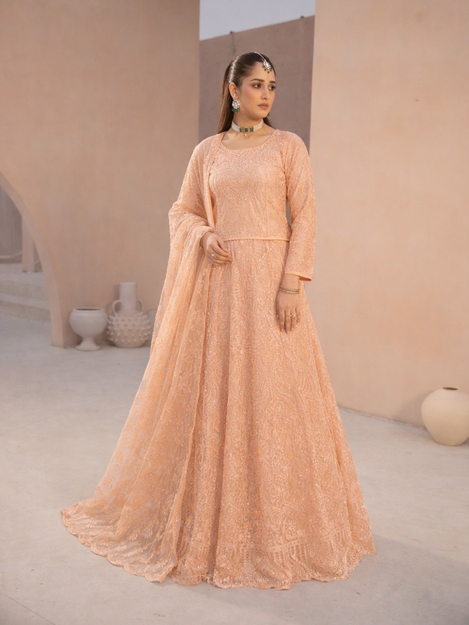 Peach-Manahil Arts Net Embellished Lehenga Set-L-004-Peach
