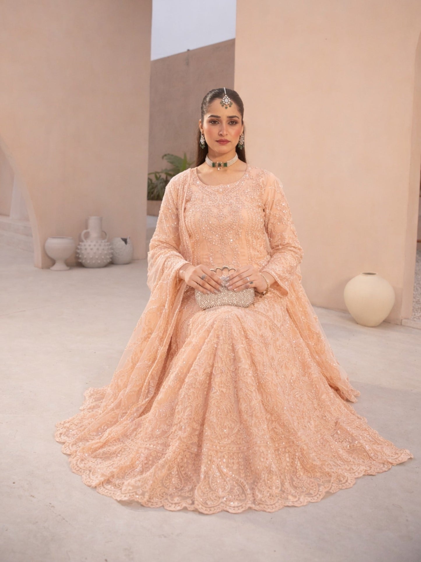 Peach-Manahil Arts Net Embellished Lehenga Set-L-004-Peach