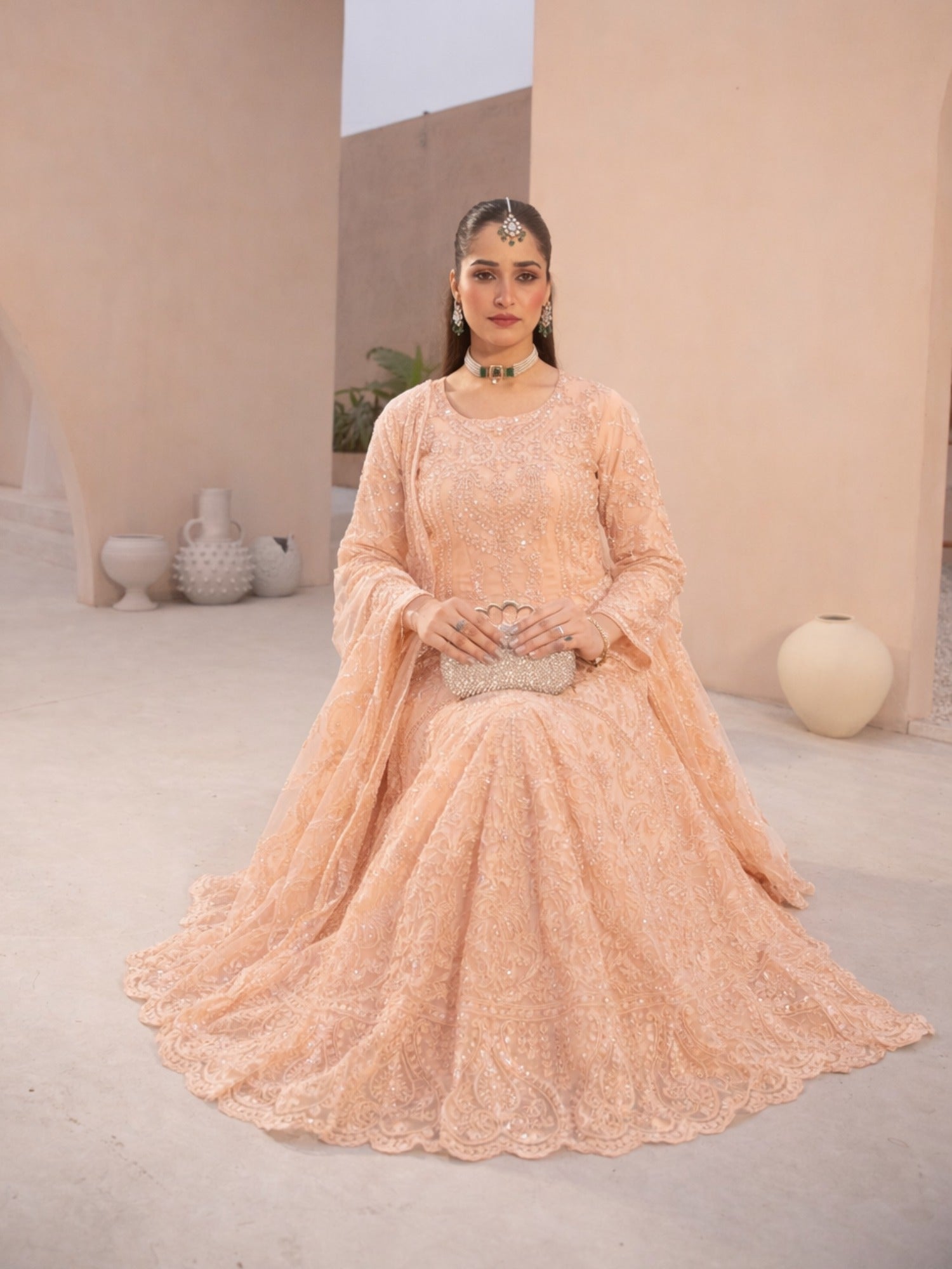 Peach-Manahil Arts Net Embellished Lehenga Set-L-004-Peach