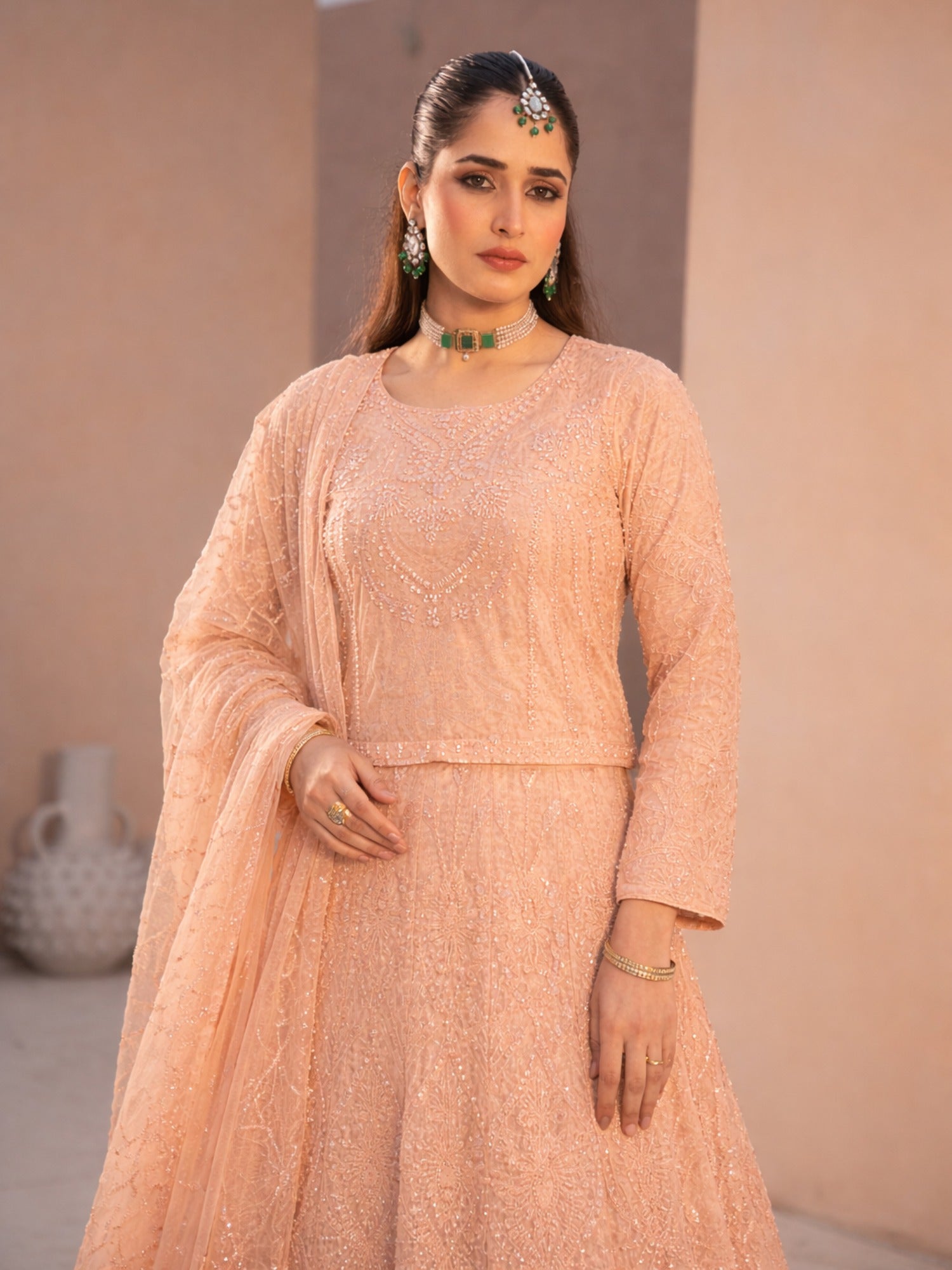 Peach-Manahil Arts Net Embellished Lehenga Set-L-004-Peach