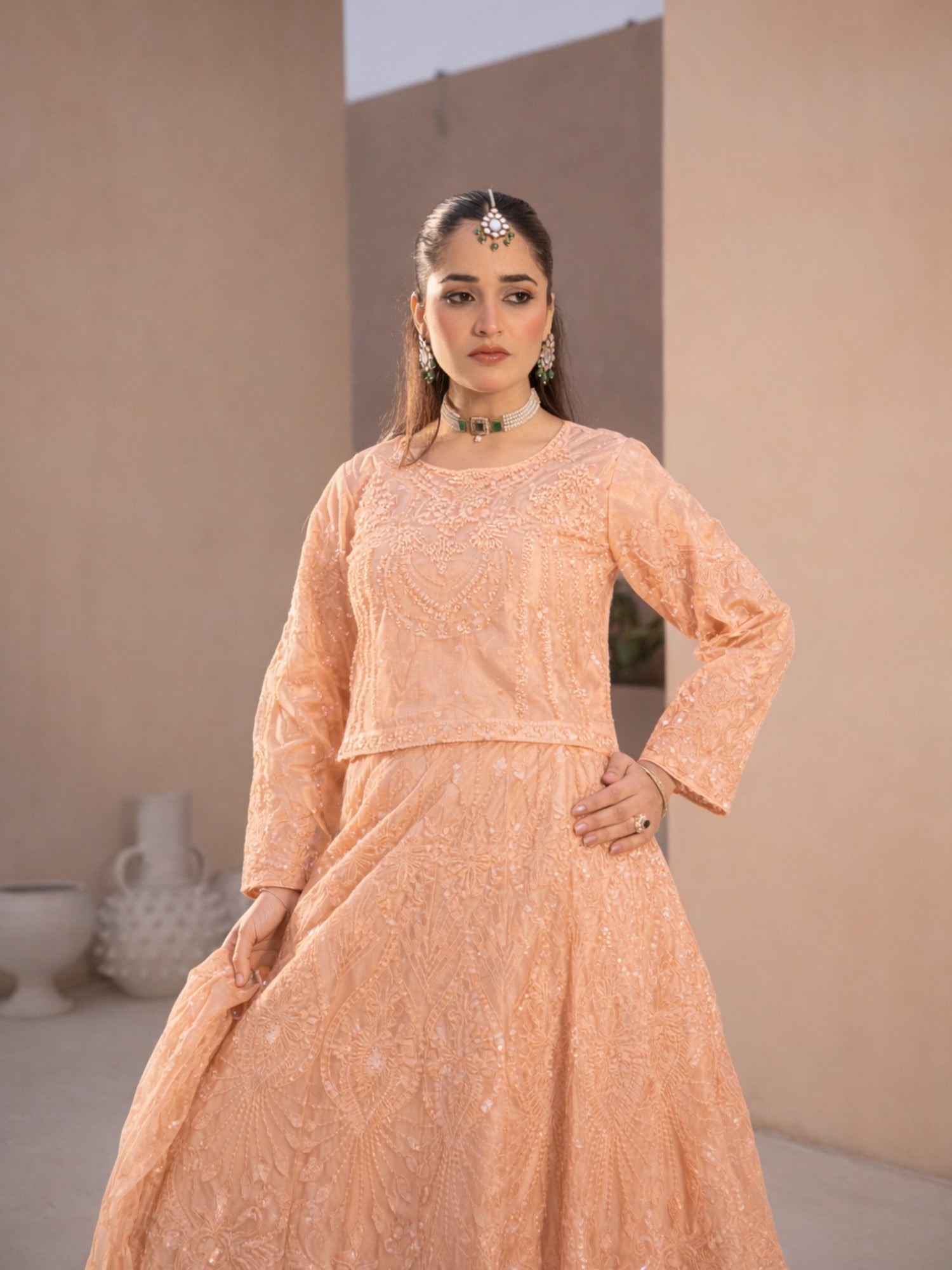 Peach-Manahil Arts Net Embellished Lehenga Set-L-004-Peach