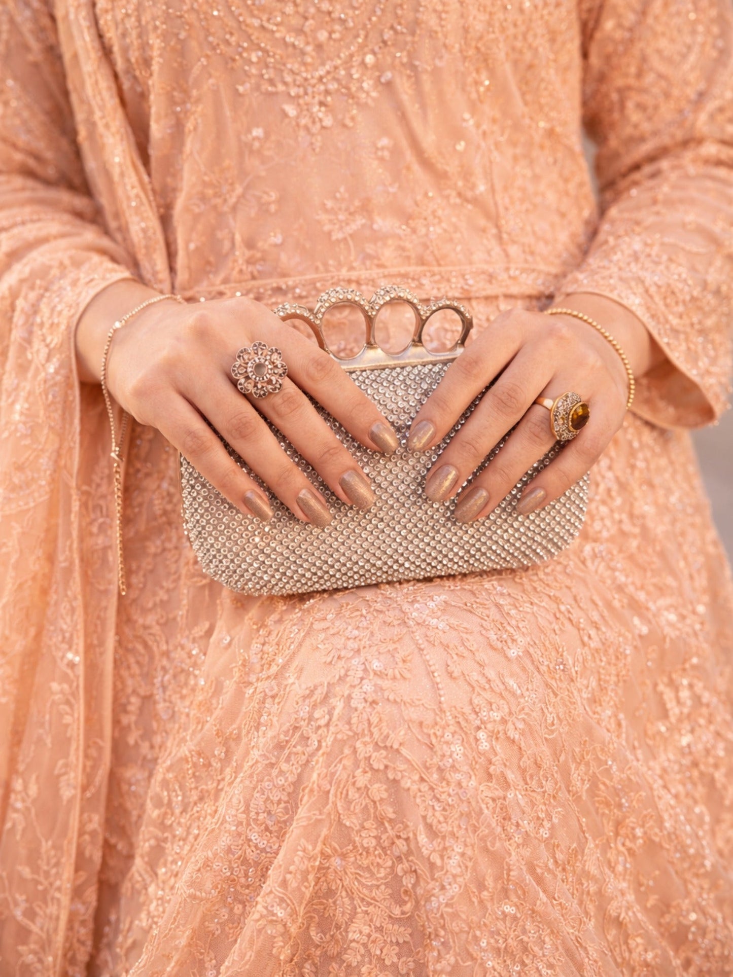 Peach-Manahil Arts Net Embellished Lehenga Set-L-004-Peach