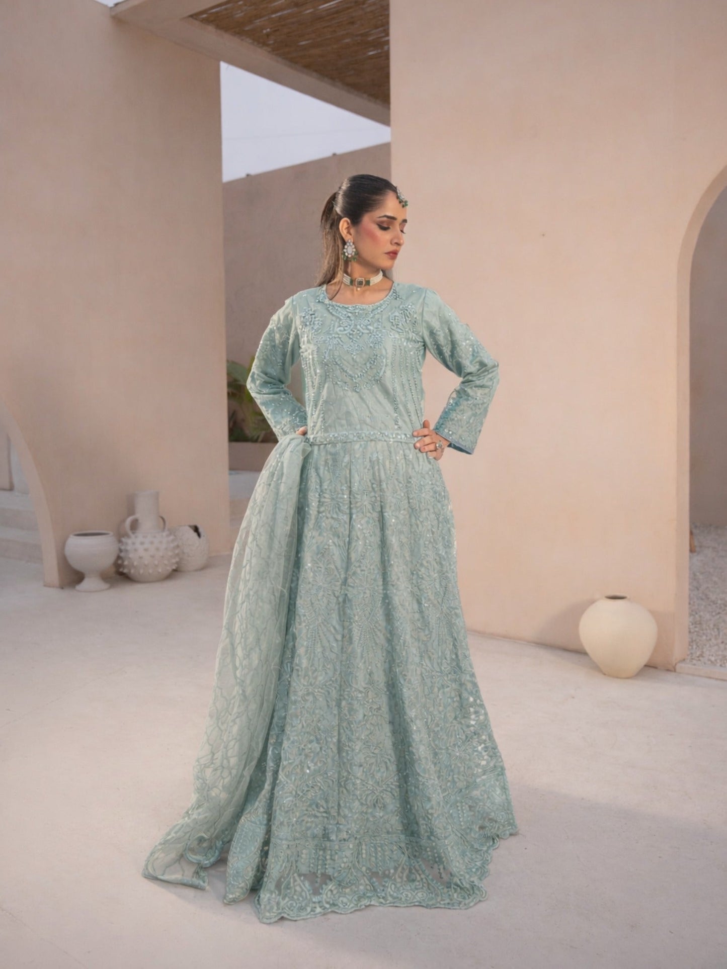 Grey-Manahil Arts Net Embellished Lehenga Set-L-004-GREY