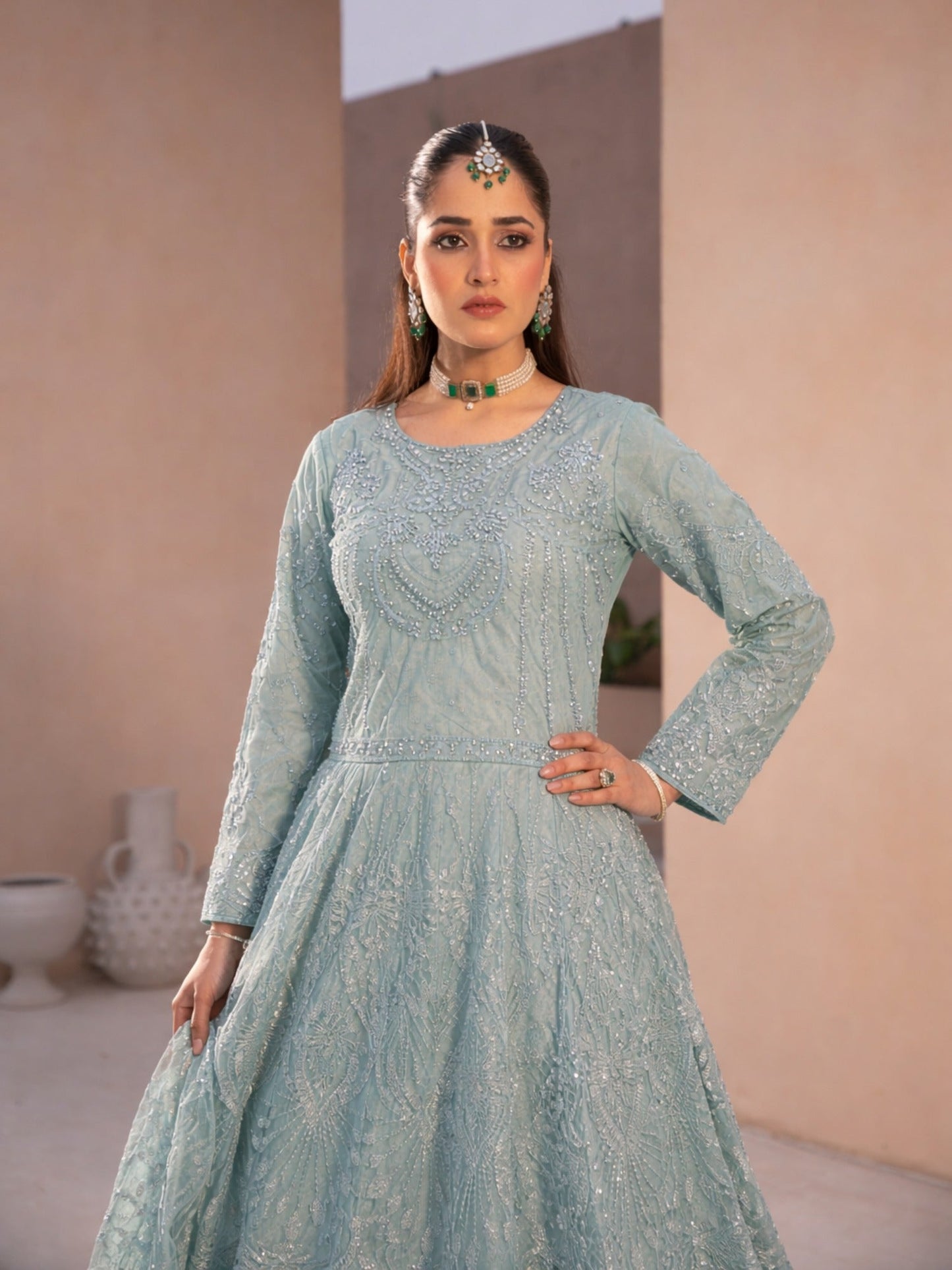 Grey-Manahil Arts Net Embellished Lehenga Set-L-004-GREY