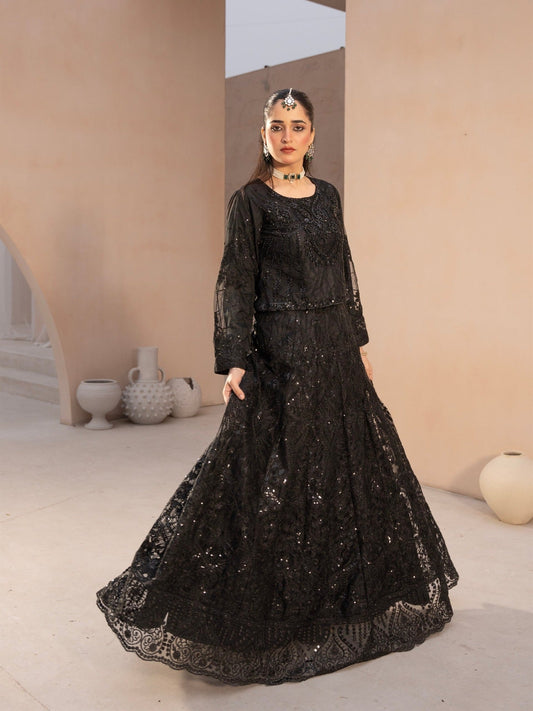 Black-Manahil Arts Net Embellished Lehenga Set-L-004-Black