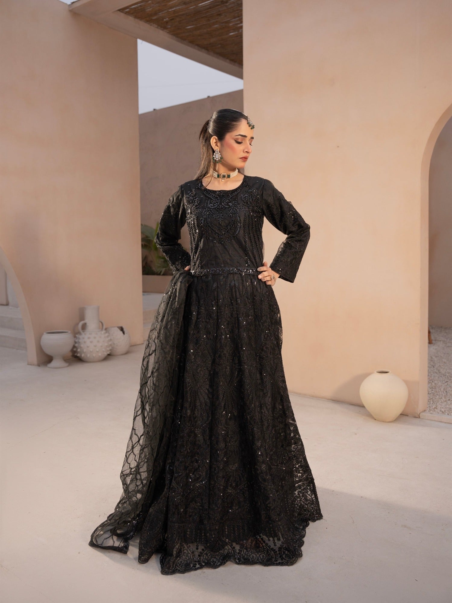 Black-Manahil Arts Net Embellished Lehenga Set-L-004-Black