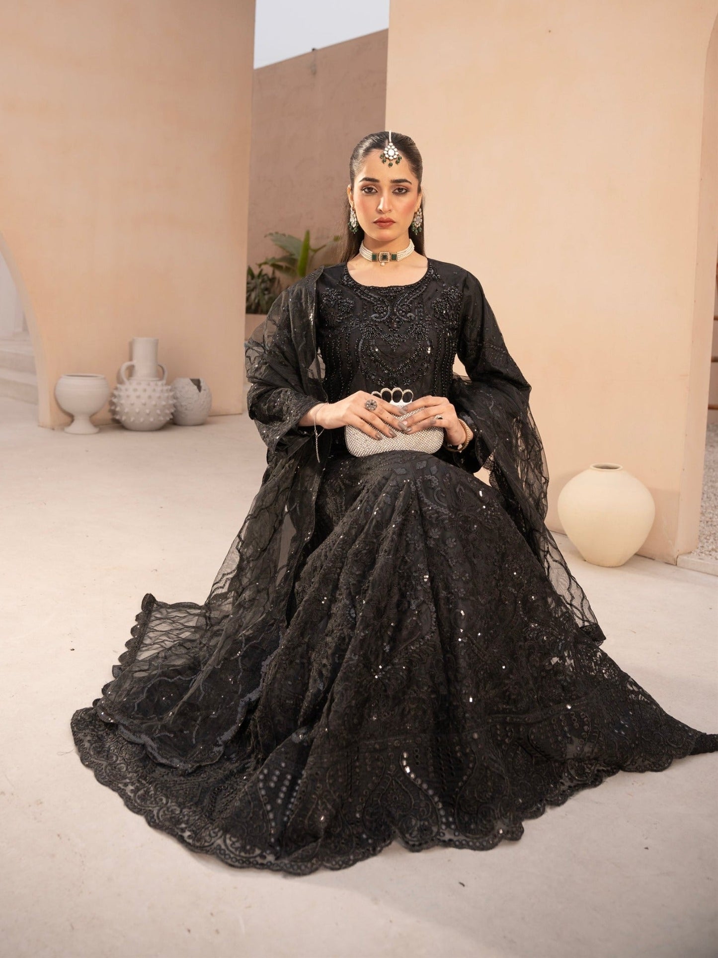 Black-Manahil Arts Net Embellished Lehenga Set-L-004-Black